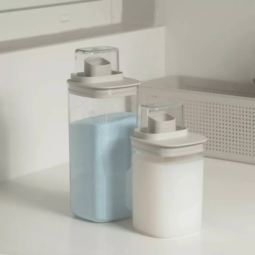 Back. OU - 50 oz Clear Airtight Dispenser with Measuring Cap, Lightweight Soap & Fabric Softener Organizer - Beige.