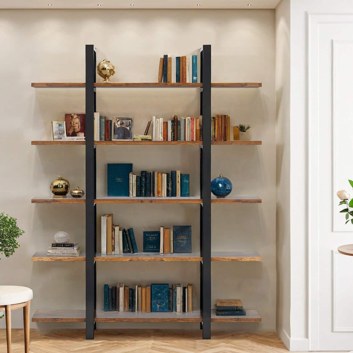 Front. Kadyn - Kadyn Bookcase, Open Etagere Storage Display Bookshelf,4-Tier Leaning Free Standing Ladder Shelf 5-Tier - Retro Brown.