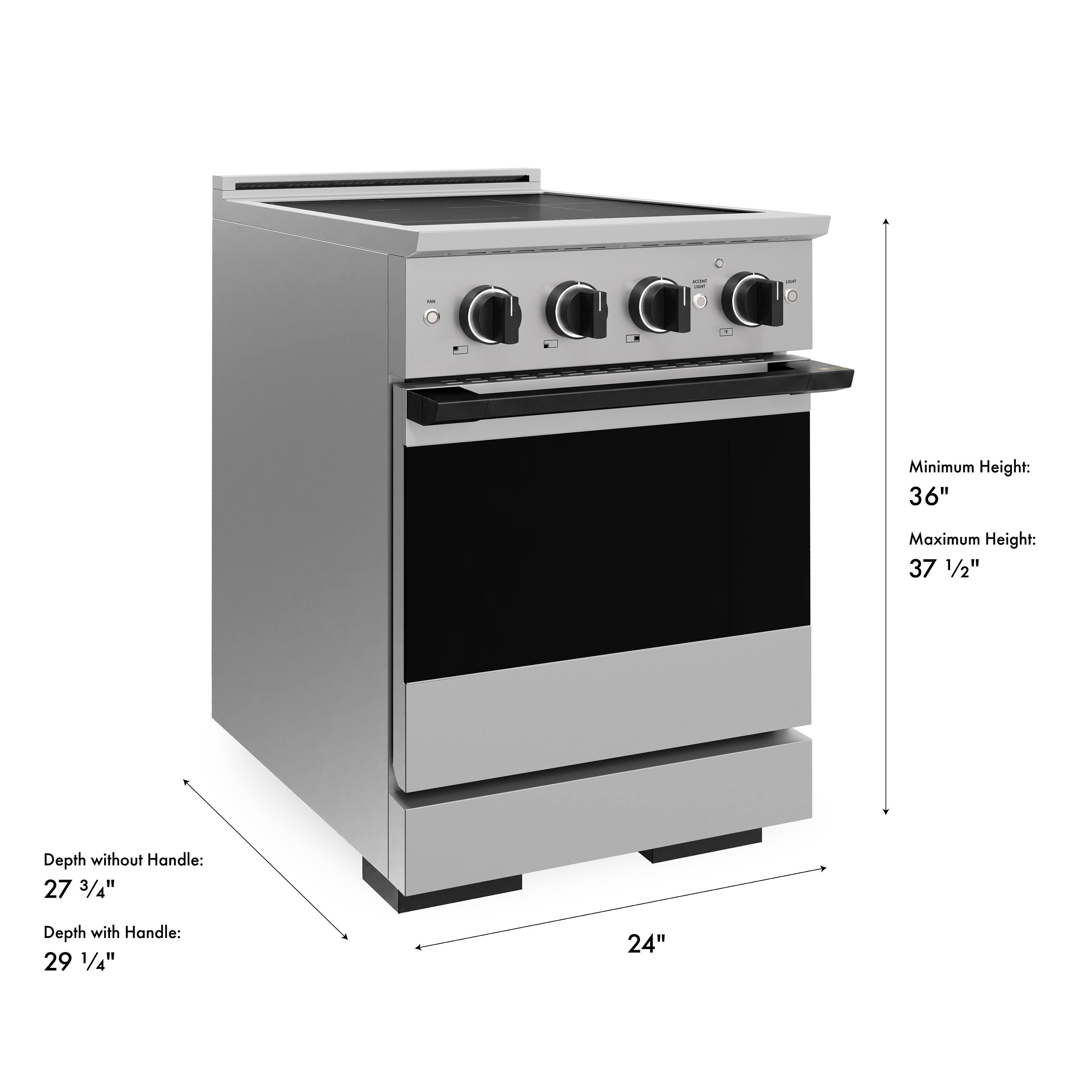 Minimum Height: 36"  
Maximum Height: 37 1/2"  
Depth without Handle: 27 3/4"  
Depth with Handle: 29 1/4"  
24"