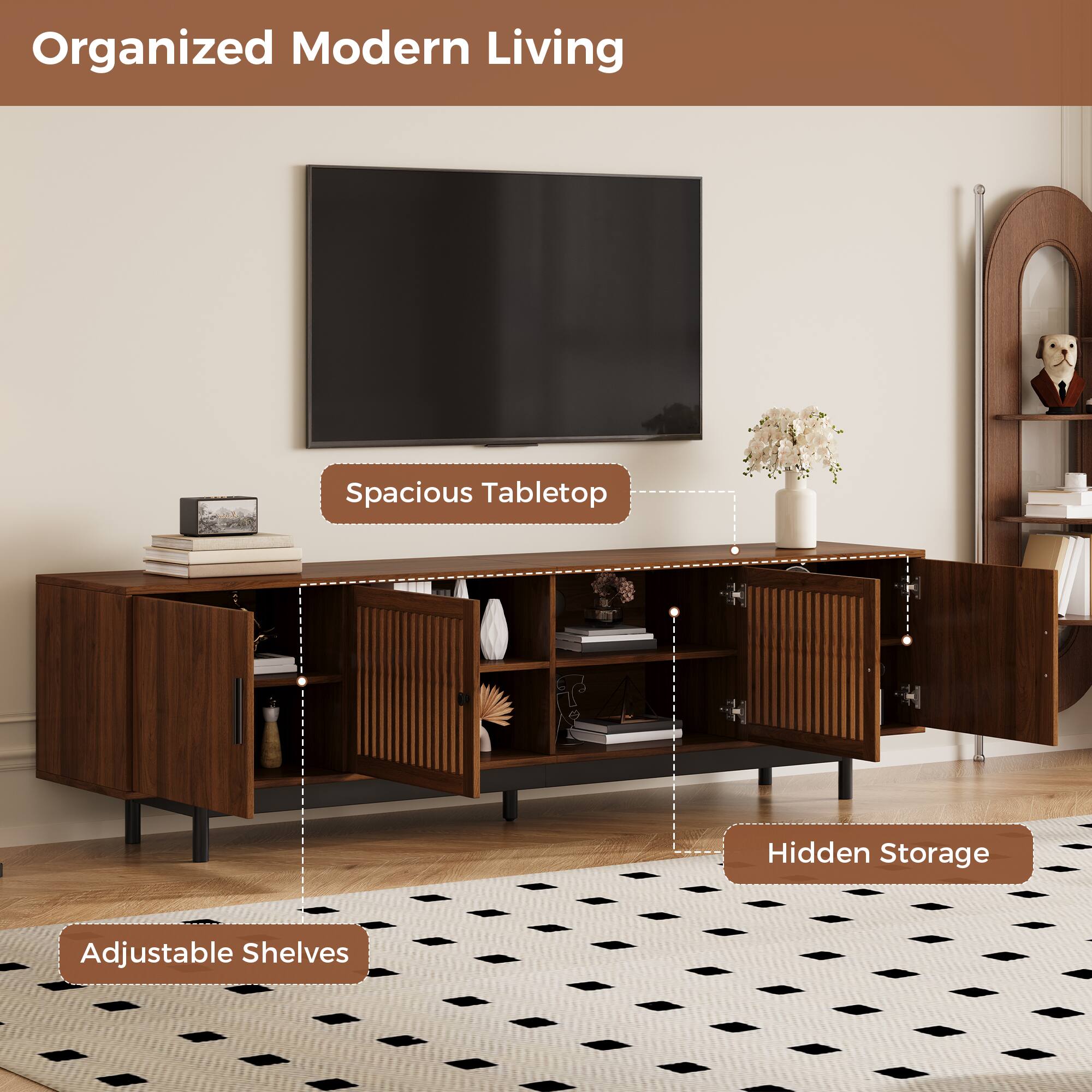 Organized Modern Living  
Spacious Tabletop  
Hidden Storage  
Adjustable Shelves