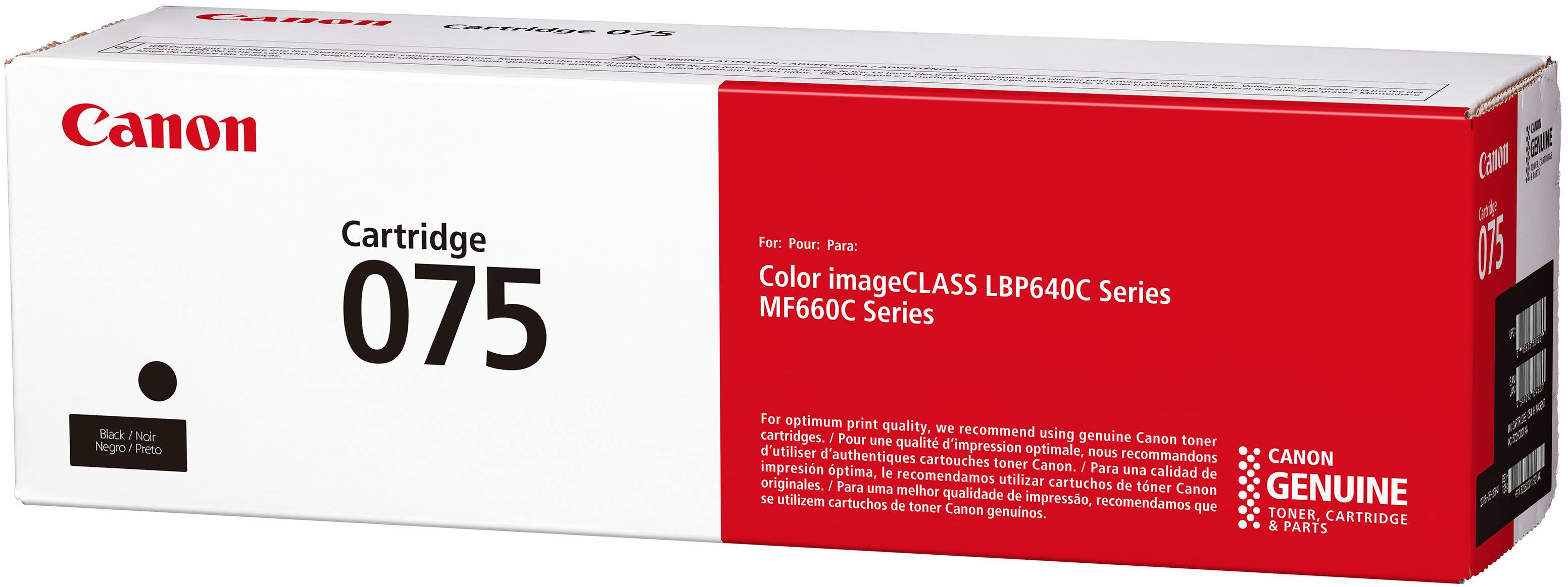 Canon  
Cartridge 075  
Black / Noir / Negro / Preto  

For: Pour: Para:  
Color imageCLASS LBP640C Series  
MF660C Series  

For optimum print quality, we recommend using genuine Canon toner cartridges.  
Pour une qualité d'impression optimale, nous recommandons d'utiliser des cartouches toner Canon originales.  
Para una calidad de impresión óptima, recomendamos utilizar cartuchos de toner Canon originales.  
Para uma melhor qualidade de impressão, recomendamos que se utilizem cartuchos de toner Canon genuínos.  

CANON GENUINE TONER, CARTRIDGE & PARTS