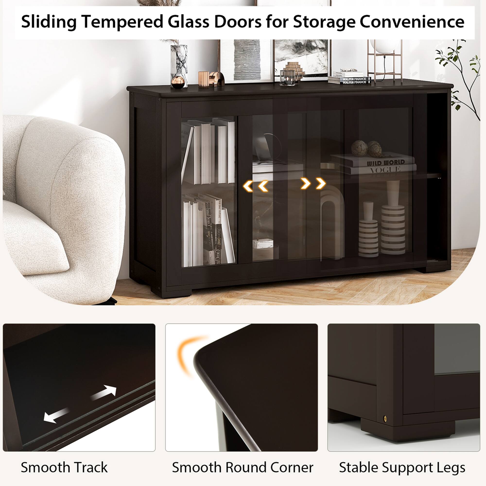 Sliding Tempered Glass Doors for Storage Convenience - Smooth Track, Smooth Round Corner, Stable Support Legs