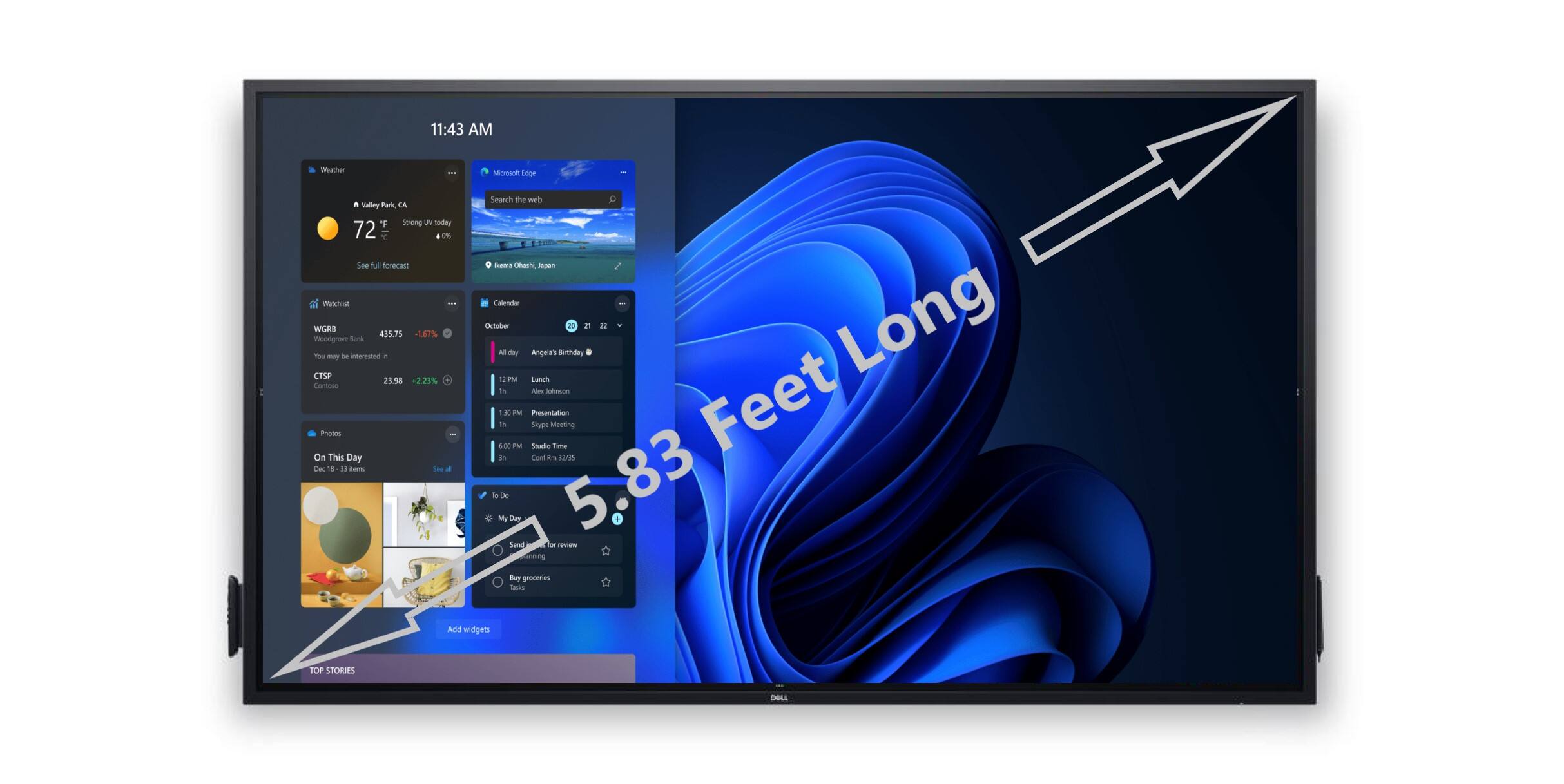 11:43 AM  
Weather: 72°F, Sunny  
UV Index: Strong  
Today: 72°F, 2% chance of rain  
See full forecast  
Watch: WGRR 435.75, 147%  
Woodgrove Bank - may be in ArEstu - CTUP 2198, +2.23%  
Contoso Photos  
On This Day  
Tec 1  
5 nm far + Mcmol Lidge  
Search the web  
Sum Chachi Jepen Calendar  
October 1  
Angela's Birthday  
Long - A Jefferson LO - 1K PM  
Studio Presentation  
Seype Meeting  
Tame Feet  
Lame is sVIN to My de Dey 5.83  
Send me editing Bo groceries  
Sekes  
Add widgets  
TOP STORIES  
5:83 Feet Long