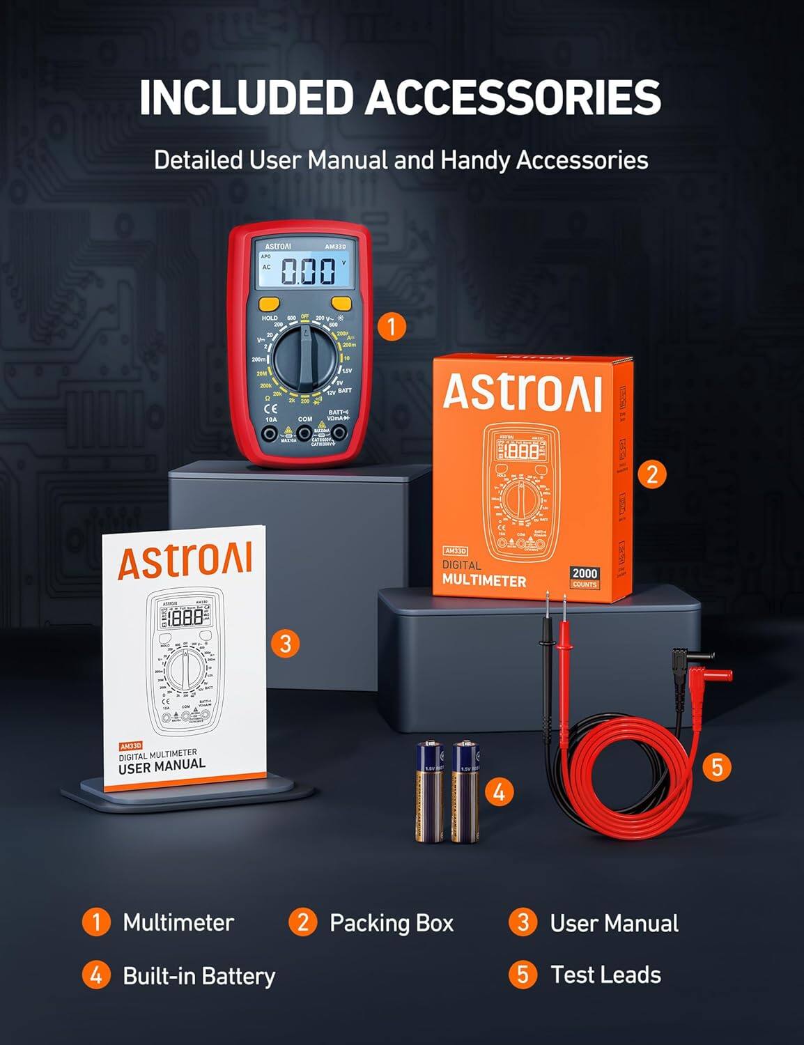 INCLUDED ACCESSORIES  
Detailed User Manual and Handy Accessories  

1. Multimeter  
2. Packing Box  
3. User Manual  
4. Built-in Battery  
5. Test Leads