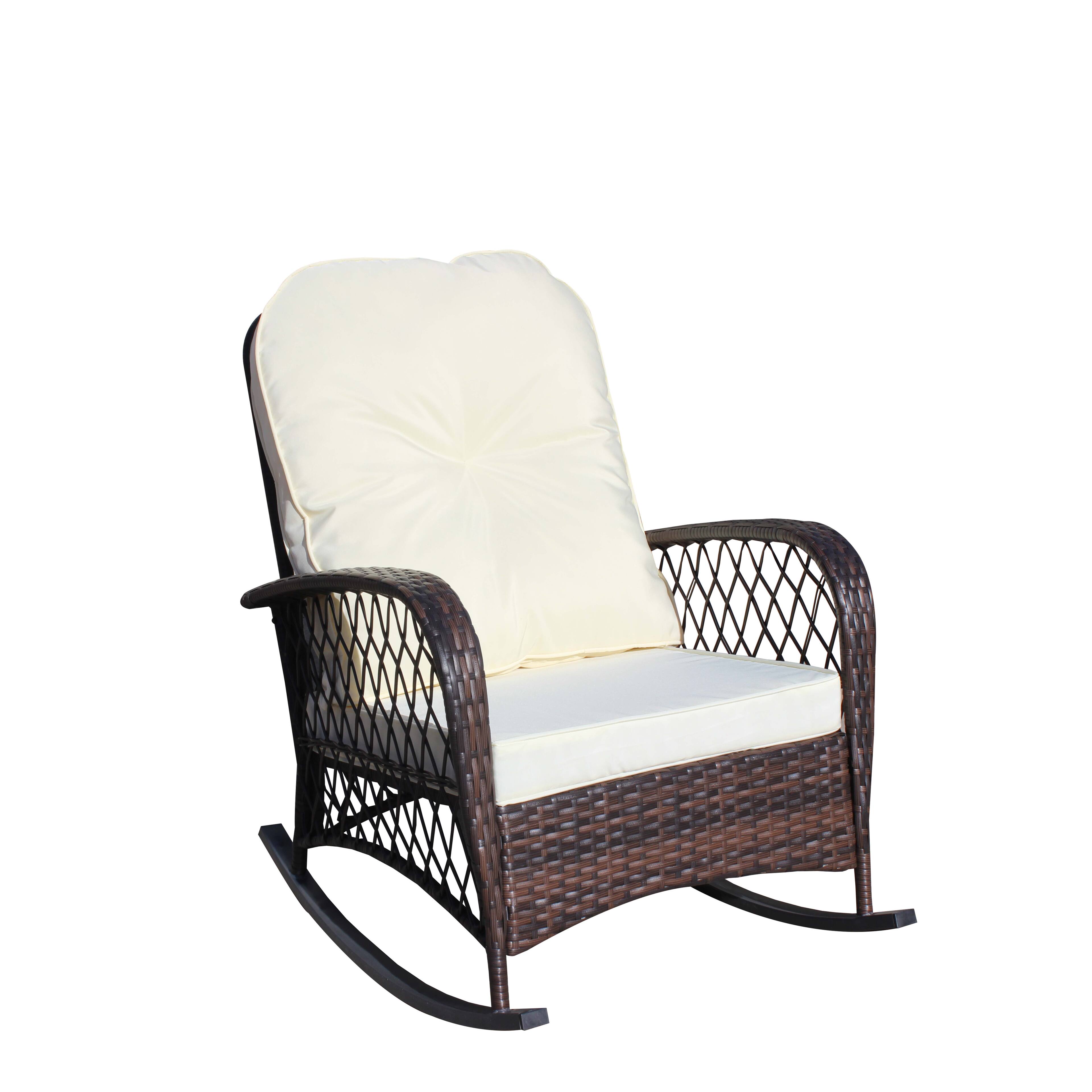 Alt View 5. Tiramisubest - Outdoor Wicker Rocking Chair with Wide Seat,Steel Frame & Thick Cushion for Patio,Garden,Backyard,Beige Cushion - Brown+Beige.