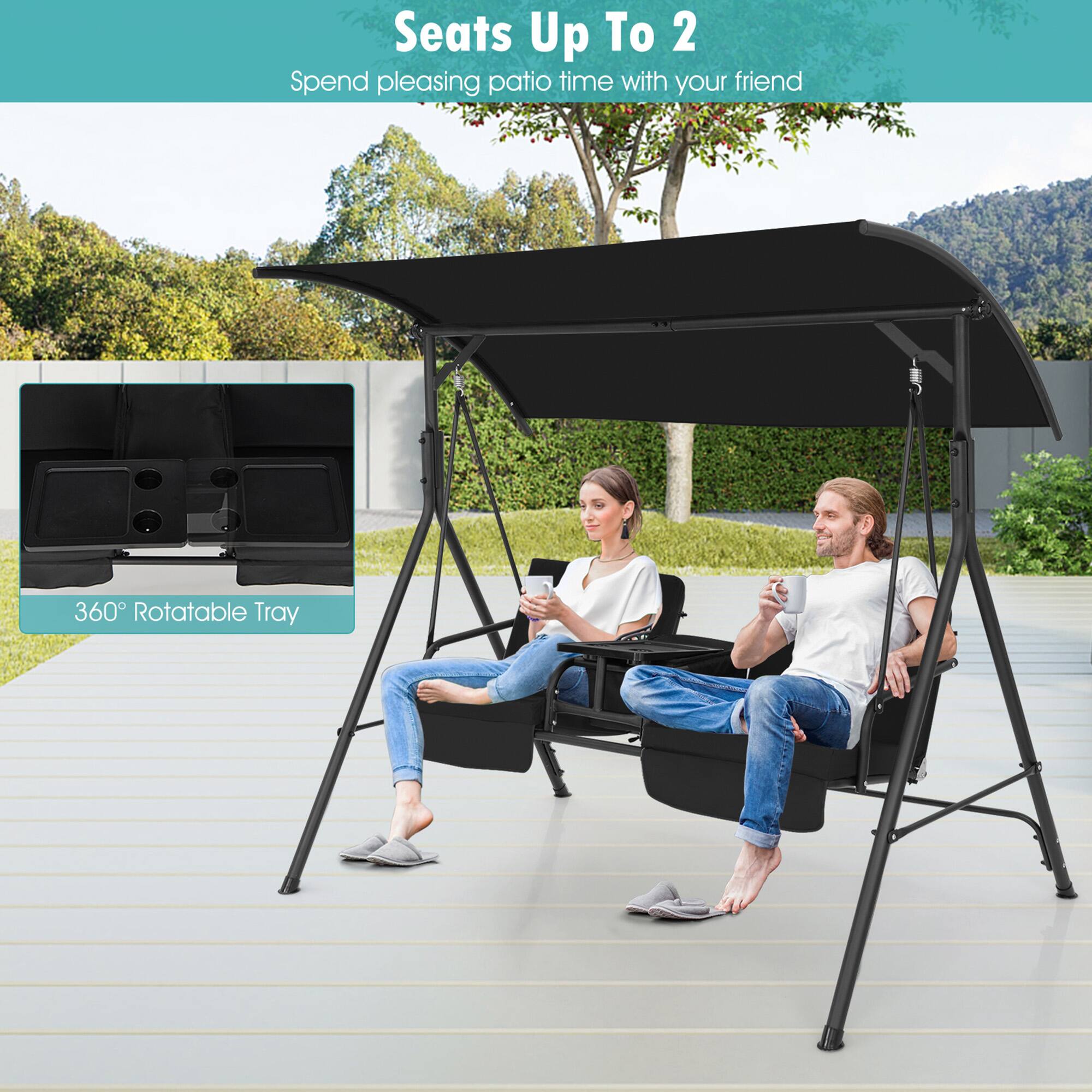 Seats Up To 2  
Spend pleasing patio time with your friend  

360° Rotatable Tray