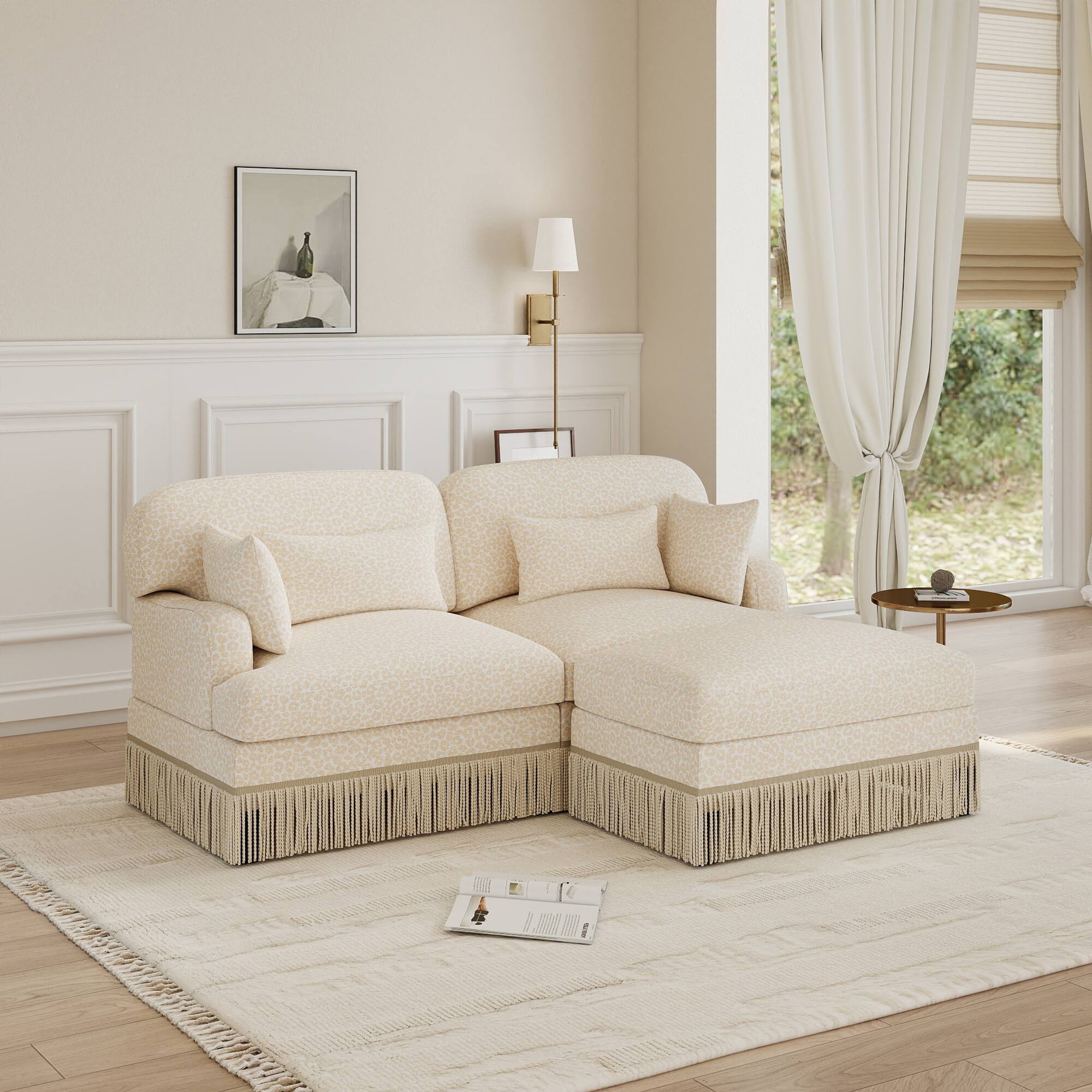 Left. Anysun - Delicate Fashion Style Chenille Leopard Printing L-Shape Sofa with Movable Ottoman, Easy Assembly - Beige.