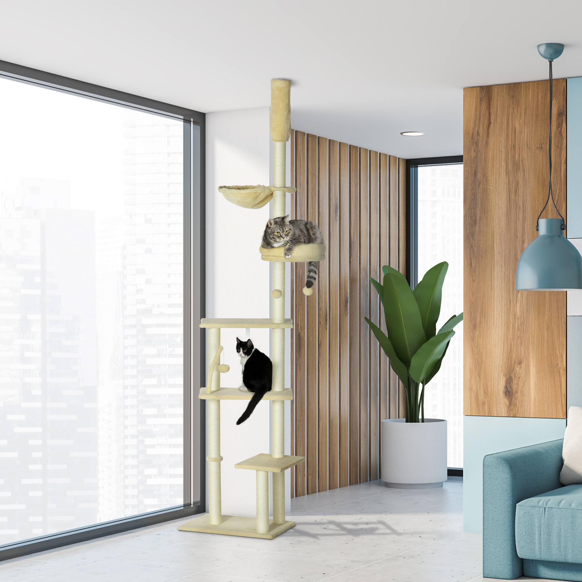 Angle. TinyHomie - Floor to Ceiling Cat Tree 90.5-98.5in Adjustable Height Cat Climbing Tower with Cozy Bed Hammock Scratching Posts - Beige.