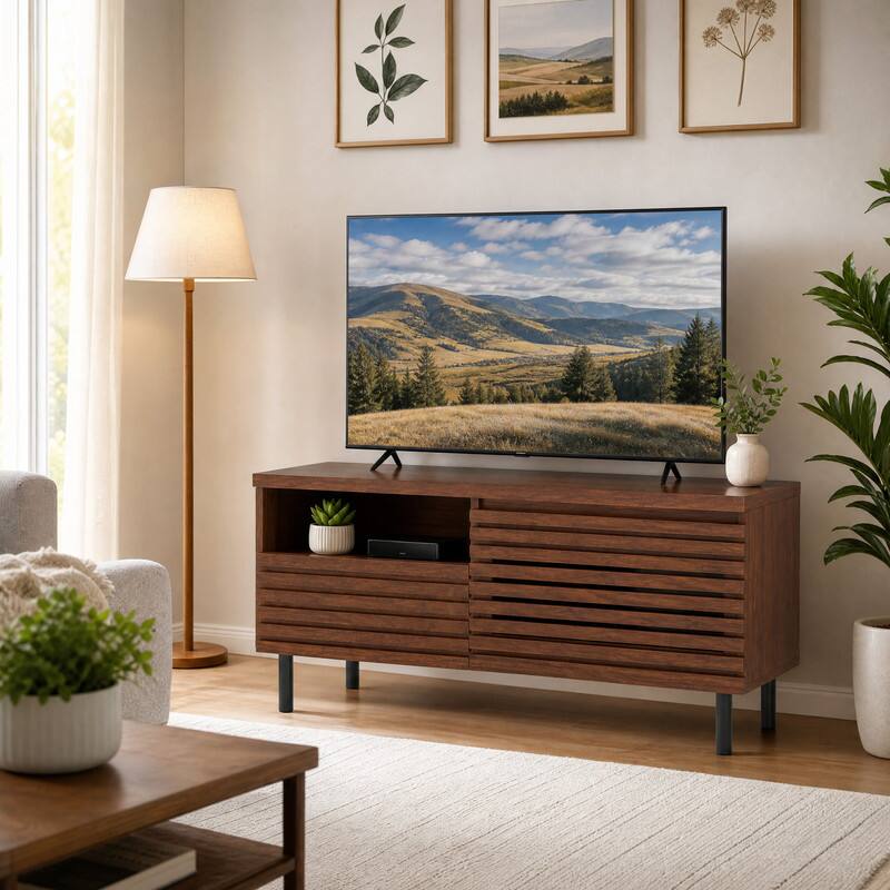 Angle. WELLFOR - Mid Century Modern TV Stand for 40" TVs, Fluted Entertainment Center with Open Compartment and Metal Legs - Walnut.