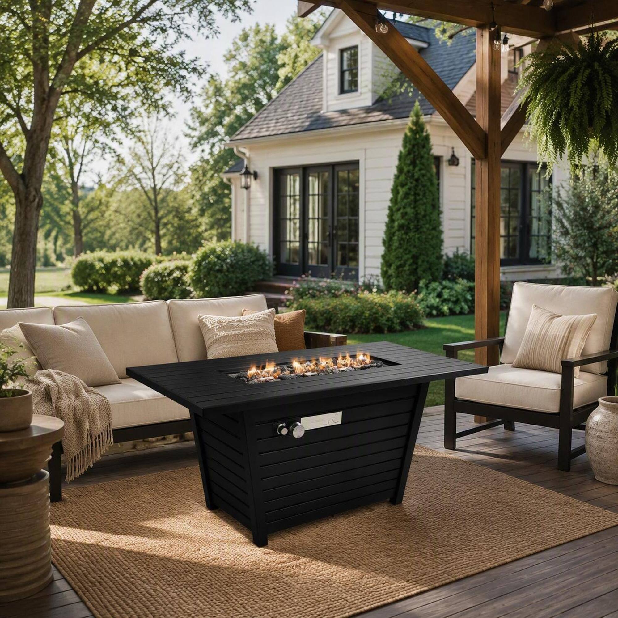 Back. RYHNUYNE - 42"W x 25" H Black Steel Outdoor Fire Pit Table with Lid, Rectangular Patio Firepit for Backyard & Deck - Black.
