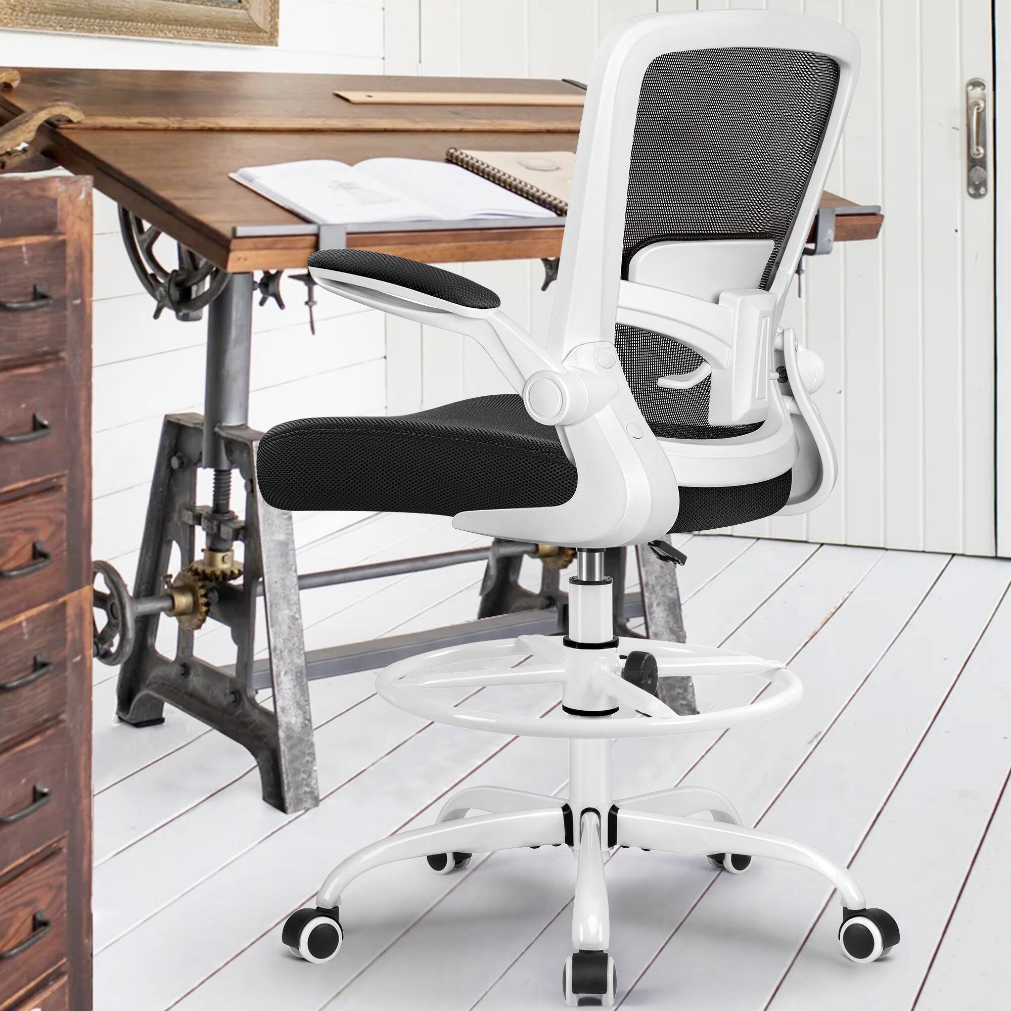 Left. Brick Attic - Drafting Chair, Tall Office Chair Ergonomic Desk Chair, Task Rolling Chair with Adjustable Flip-up Armrests Foot Ring - White.
