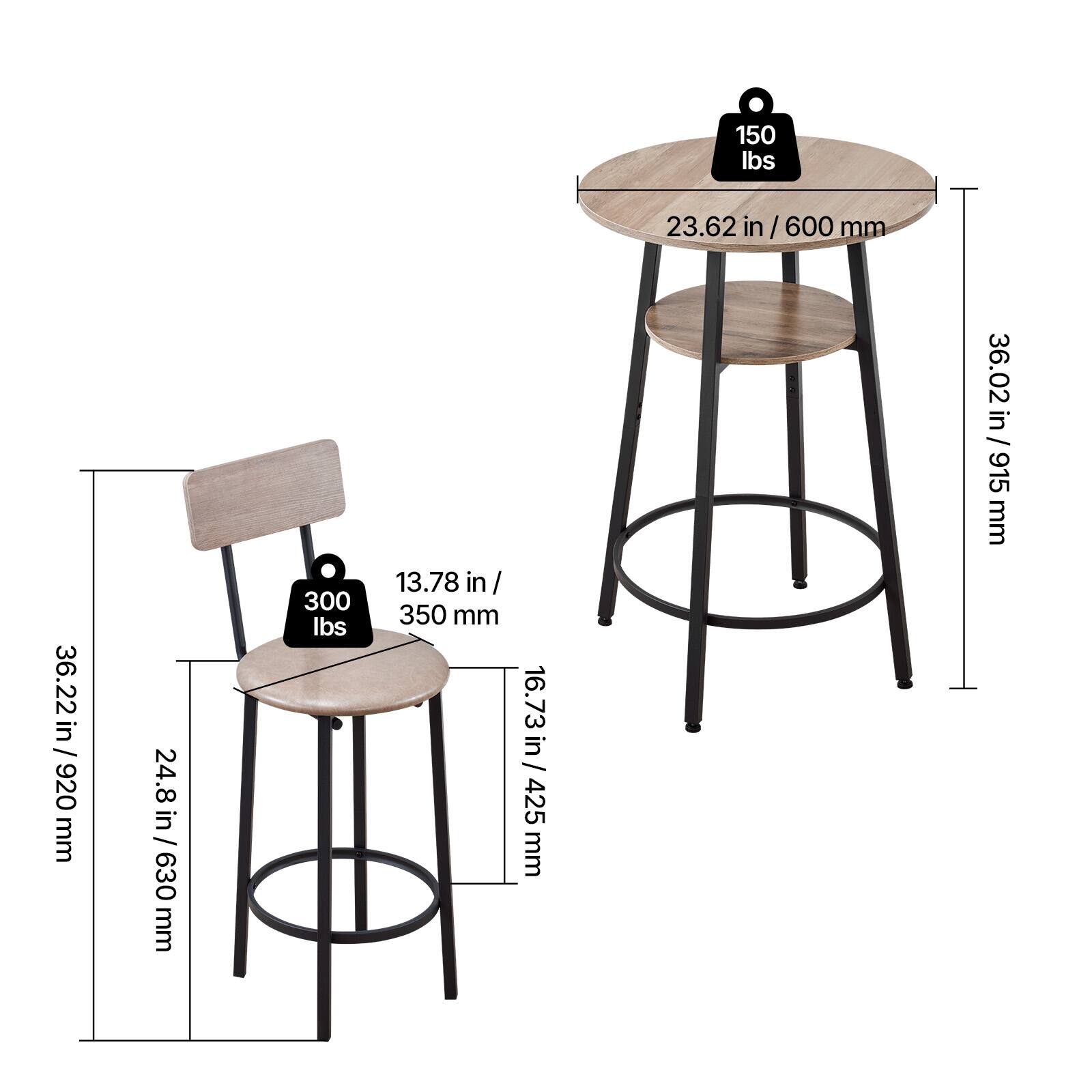 150 lbs  
23.62 in / 600 mm  

36.22 in / 920 mm  
24.8 in / 630 mm  

300 lbs  
13.78 in / 350 mm  
16.73 in / 425 mm  
36.02 in / 915 mm