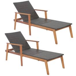 Costway - 2PCS Patio Rattan Chaise Lounge Chair Recliner Back Adjustable Acacia Wood - Mix Brown