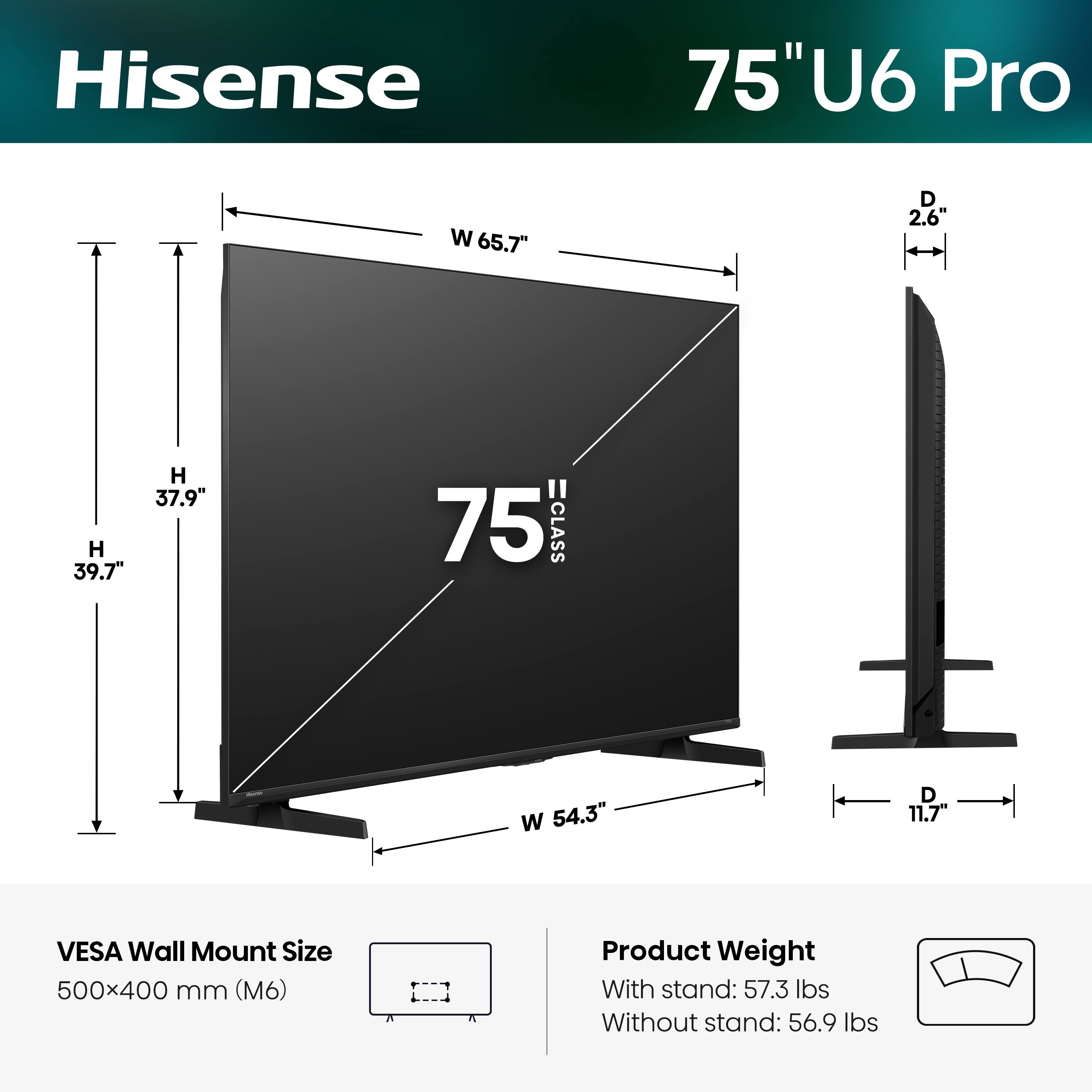 Hisense 75" U6 Pro  
- Width (W): 65.7"  
- Depth (D): 2.6"  
- Height (H): 39.7"  
- VESA Wall Mount Size: 500x400 mm (M6)  
- Product Weight:  
  - With stand: 57.3 lbs  
  - Without stand: 56.9 lbs