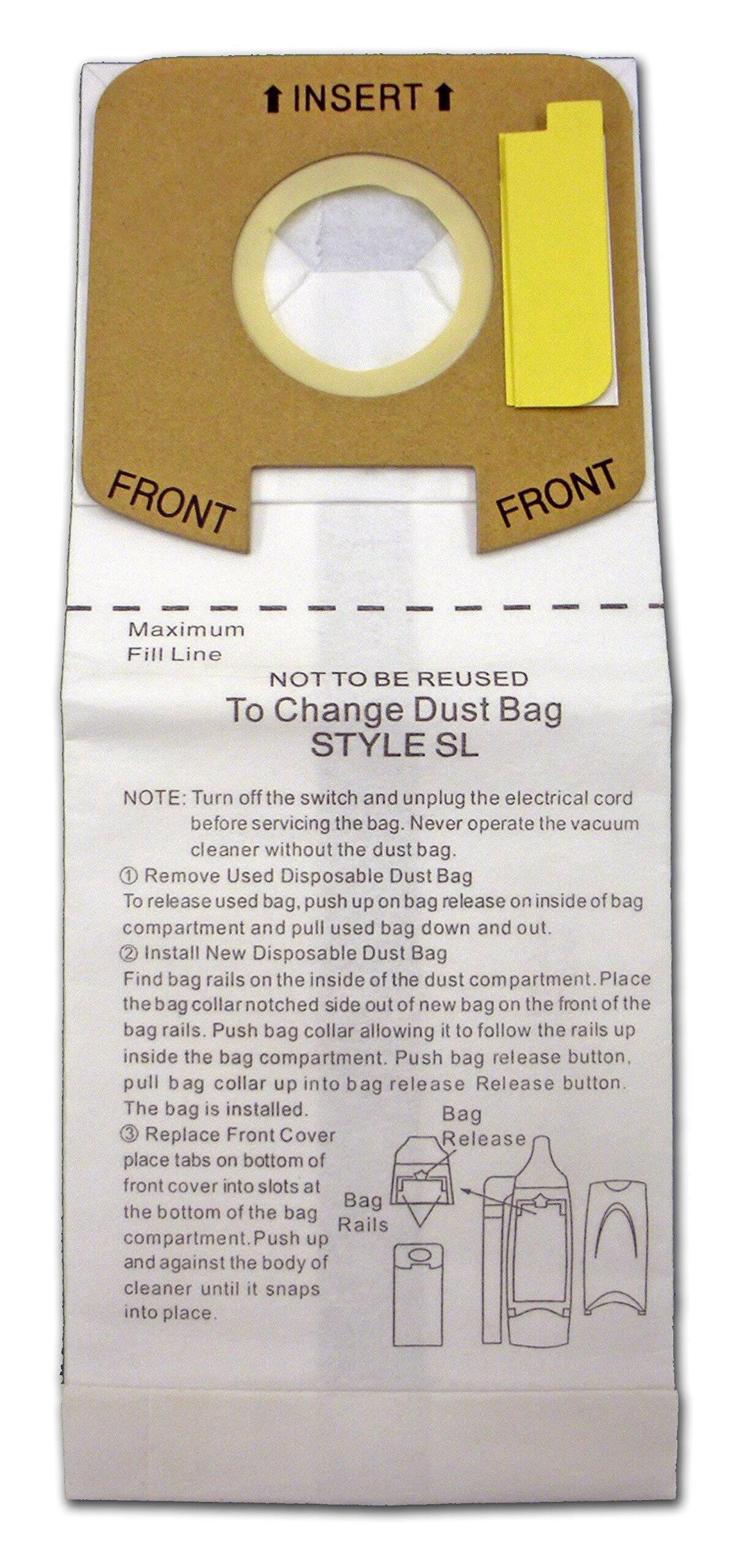 **INSERT**  
**FRONT**  
**FRONT**  
**Maximum Fill Line**  
**NOT TO BE REUSED**  
**To Change Dust Bag**  
**STYLE SL**

**NOTE:** Turn off the switch and unplug the electrical cord before servicing the bag. Never operate the vacuum cleaner without the dust bag.

1. **Remove Used Disposable Dust Bag**  
   To release used bag, push up on bag release on inside of bag compartment and pull used bag down and out.

2. **Install New Disposable Dust Bag**  
   Find bag rails on the inside of the dust compartment. Place the bag collar (notched side out) of new bag on the front of the bag rails. Push bag collar allowing it to follow the rails up inside the bag compartment. Push bag release button, pull bag collar up into bag release. The bag is installed.

3. **Replace Front Cover**  
   Place tabs on bottom of front cover into slots at the bottom of the bag compartment. Push up and against the body of cleaner until it snaps into place.