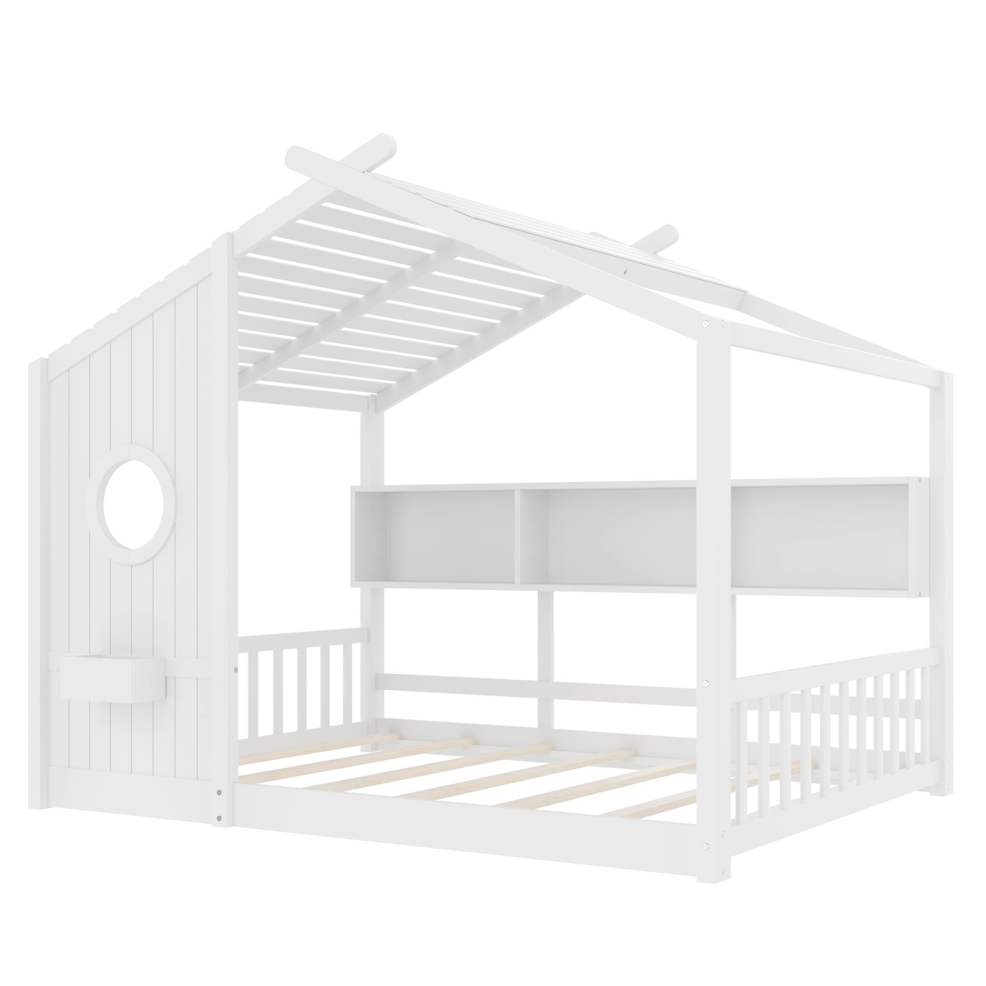 Alt View 1. GOODSILO - Montessori Floor House Bed for Toddlers with Storage Shelf and Playhouse Roof Design - White.