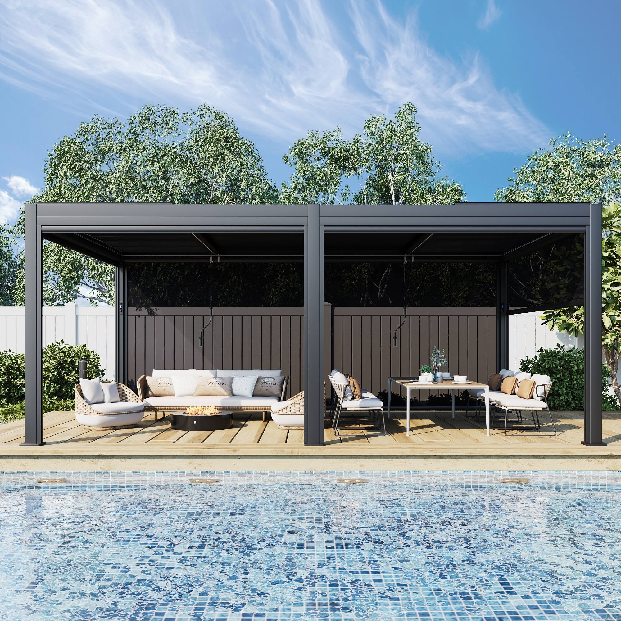 Angle. U-HOMY - 12'x20' Outdoor Aluminum Louvered Pergola Gazebo with Adjustable Rainproof Roof and Pull-Down Privacy Screen - Grey.