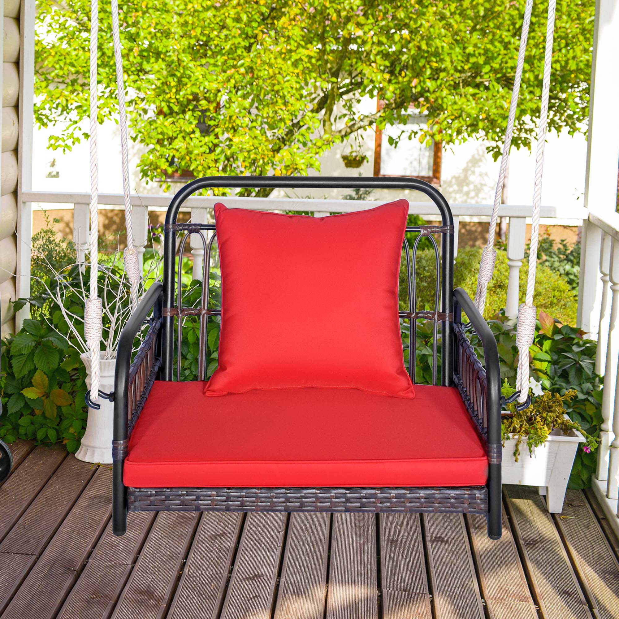 Alt View 1. Costway - Costway Patio Hanging Rattan Basket Chair Swing Hammock Chair with Seat Cushion - Mix Brown,Red.