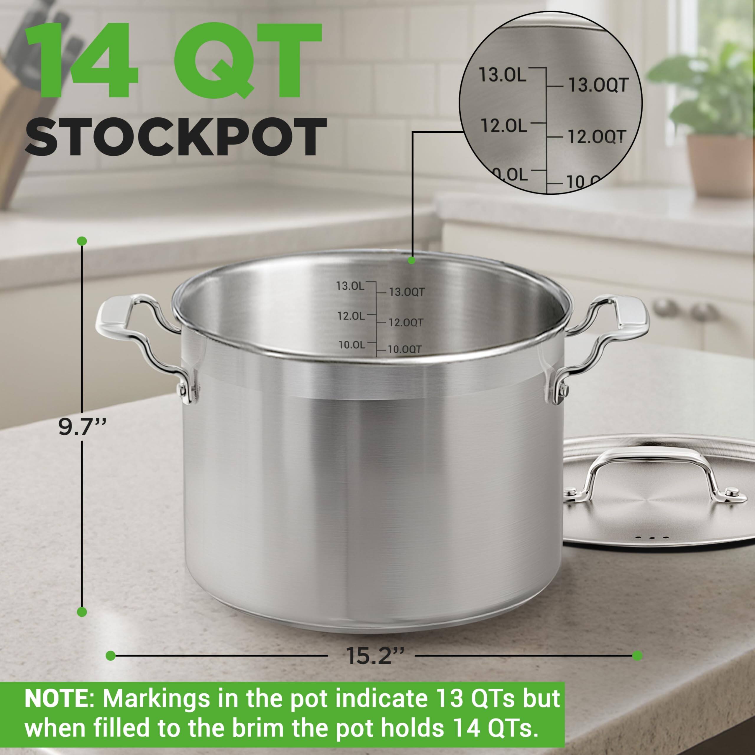 14 QT STOCKPOT

13.0L  
12.0L  
10.0L  

13.0QT  
12.0QT  
10.0QT  

9.7"  
15.2"  

NOTE: Markings in the pot indicate 13 QTs but when filled to the brim the pot holds 14 QTs.