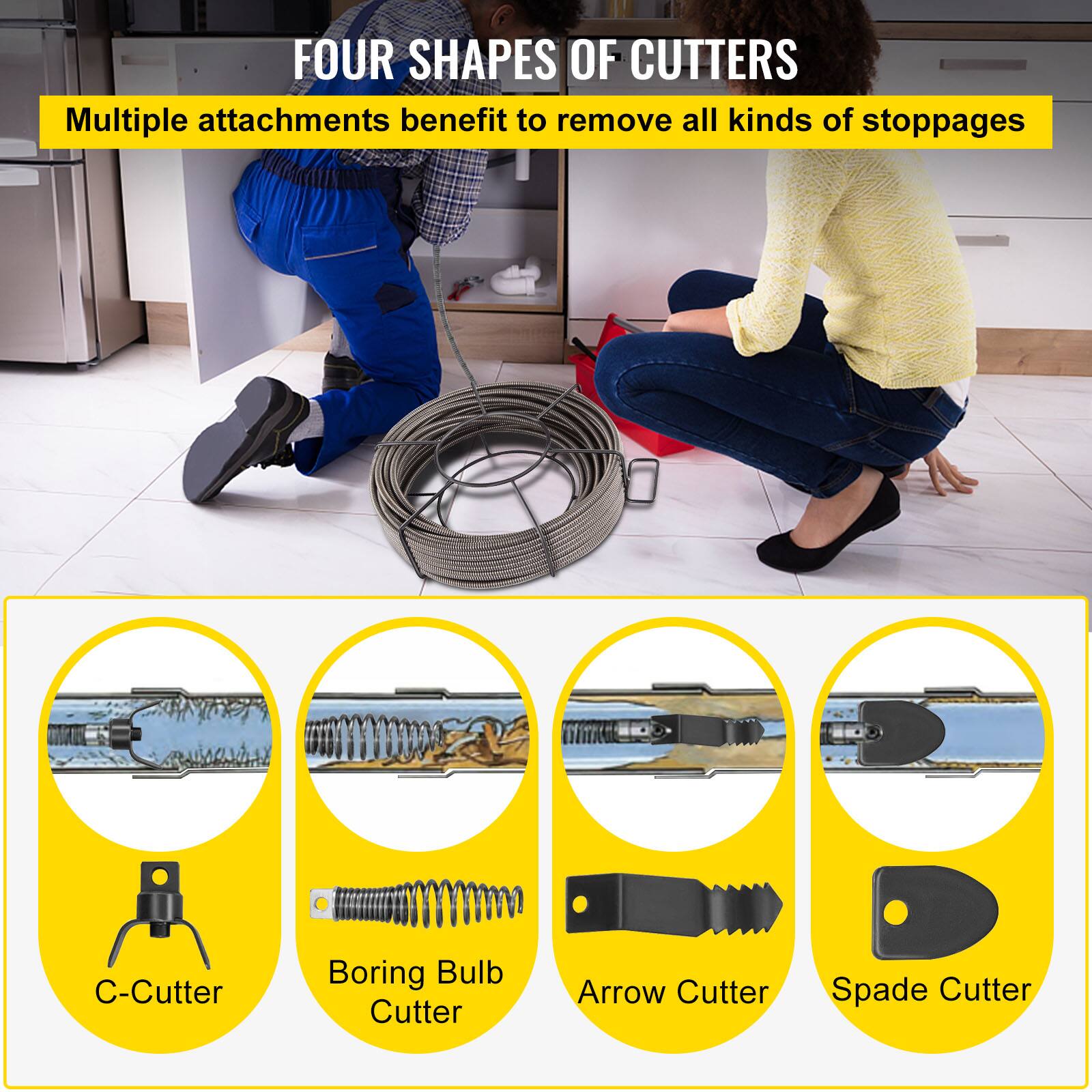 FOUR SHAPES OF CUTTERS

Multiple attachments benefit to remove all kinds of stoppages

C-Cutter
Boring Bulb Cutter
Arrow Cutter
Spade Cutter