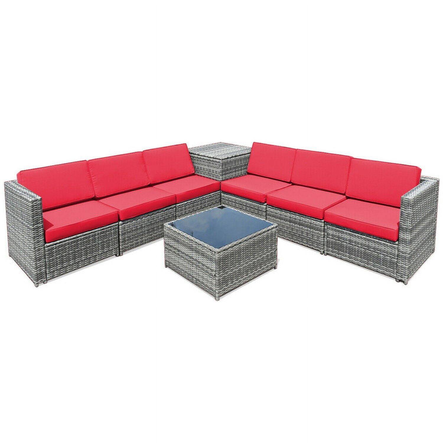 Left. Kadyn - 8 Piece Wicker Sofa Rattan Dinning Set Patio Furniture with Storage Table-Red, Patio Seating Conversation Set - Red.