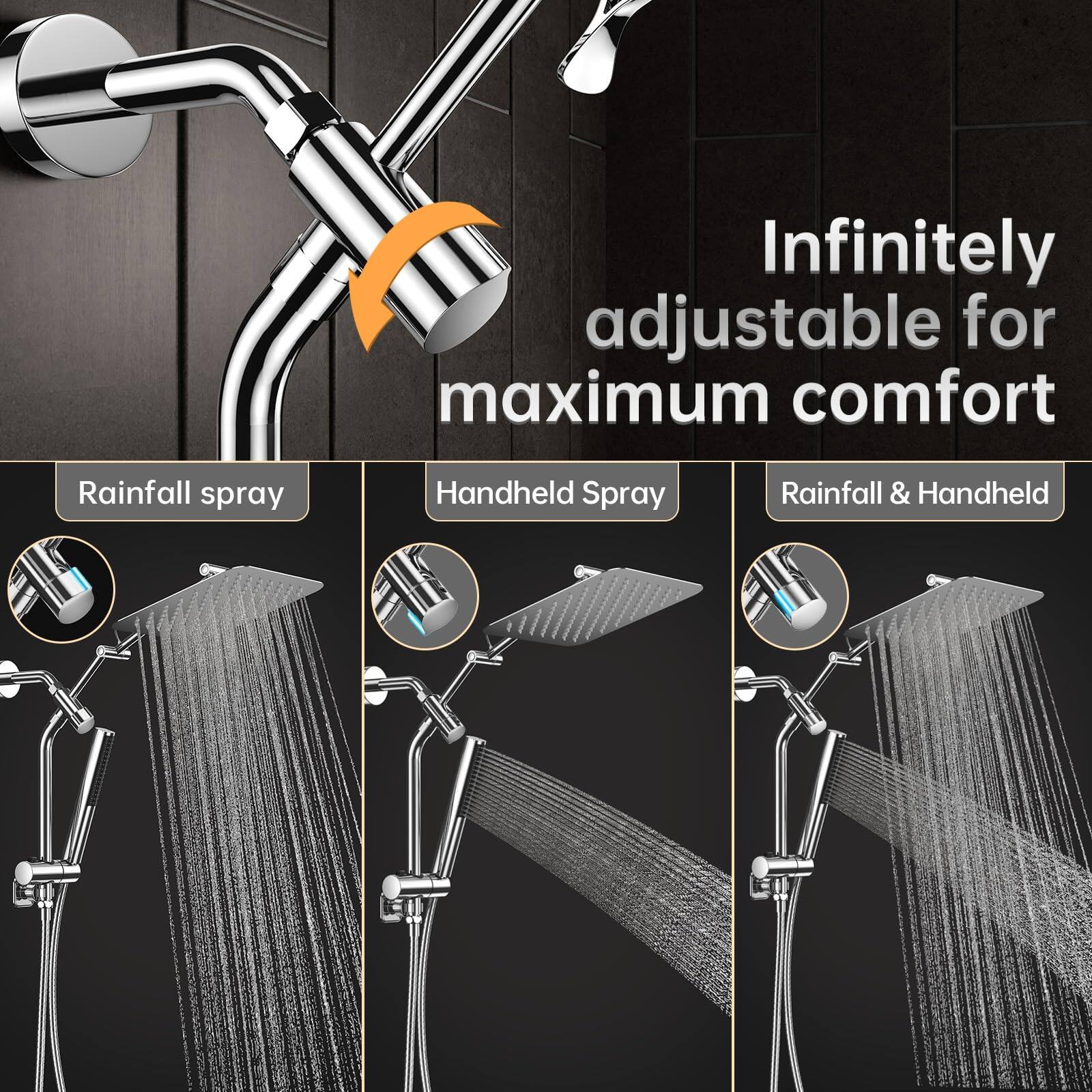 Infinitely adjustable for maximum comfort

Rainfall spray
Handheld Spray
Rainfall & Handheld
