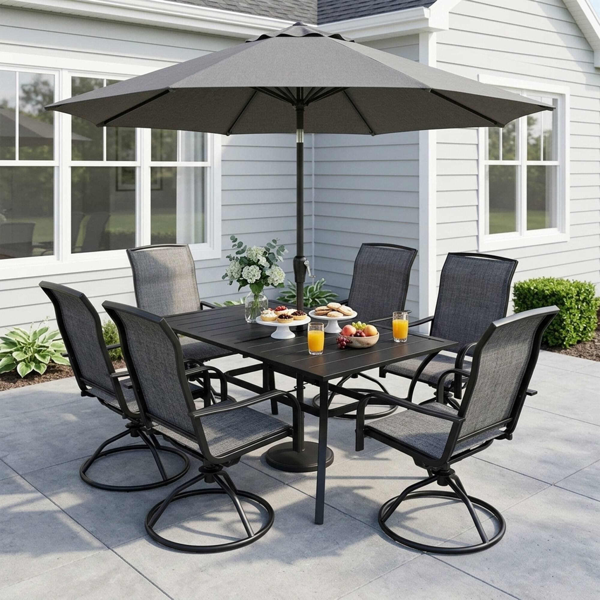 Angle. Yardgrace - 7 Pieces Outdoor Patio Dining Set,with 6-Piece  Swivel Patio Rocking Chairs,1 dining table with an umbrella hole - Grey.
