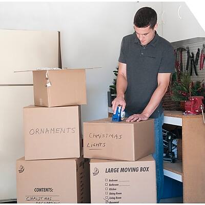 Certainly! Here is the corrected and grouped text from the image:

**Box Labels:**
- ORNAMENTS
- CHRISTMAS LIGHTS
- LARGE MOVING BOX

**Contents of the Large Moving Box:**
- CHRISTMAS
- Beboom
- Betbroom
- Edes
- Dining
- Esom
- 4ving
- Epom
- Jesement

**Additional Text on the Large Moving Box:**
- Contents:
  - Bedroom
  - Kitchen
  - Dining Room
  - Living Room
  - Bathroom
  - Miscellaneous