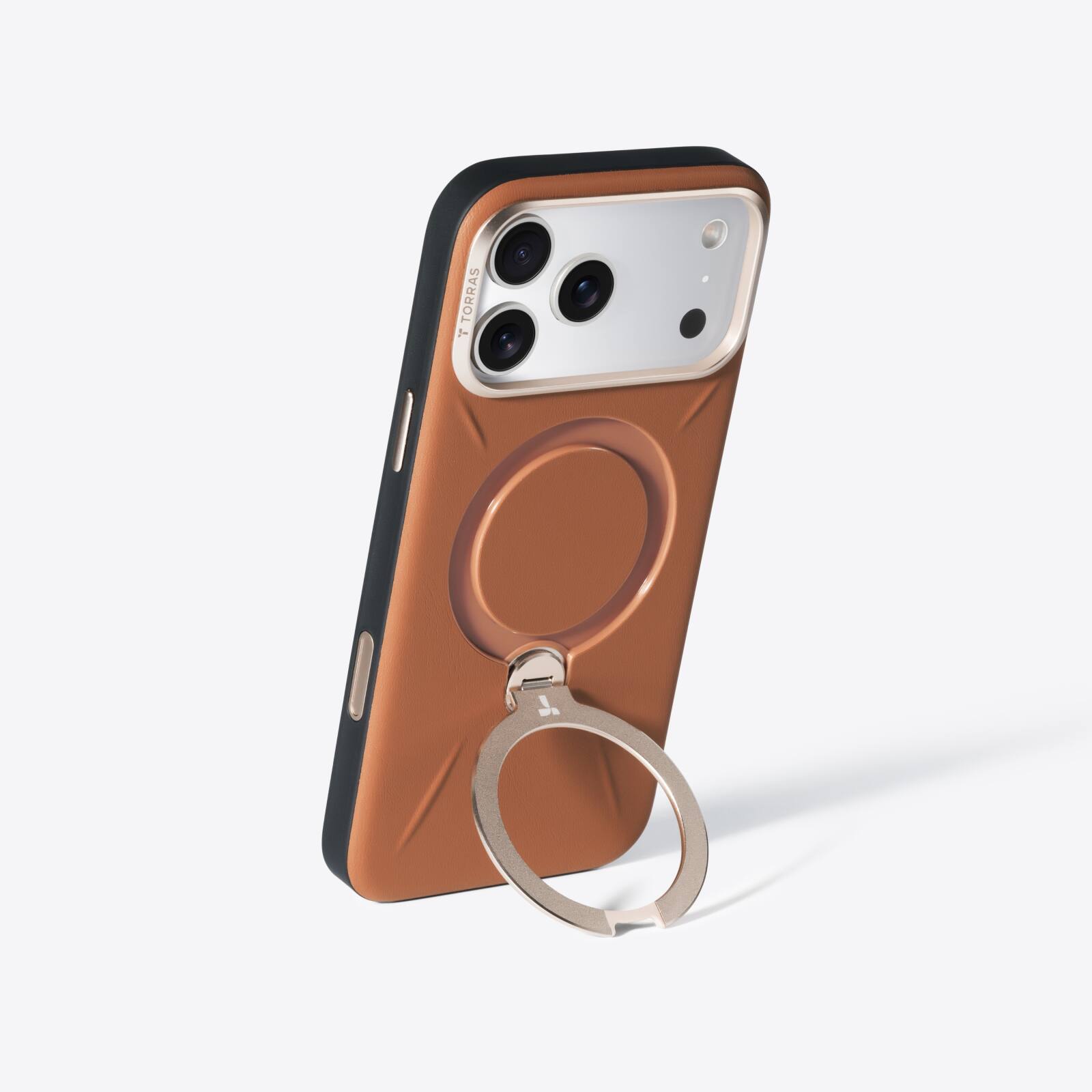 Angle. TORRAS - TORRAS Ostand Q3 Vegan Leather iPhone 17 Pro Case: 360° Magnetic Stand, Organic Leather - Amber Brown - Amber Brown.