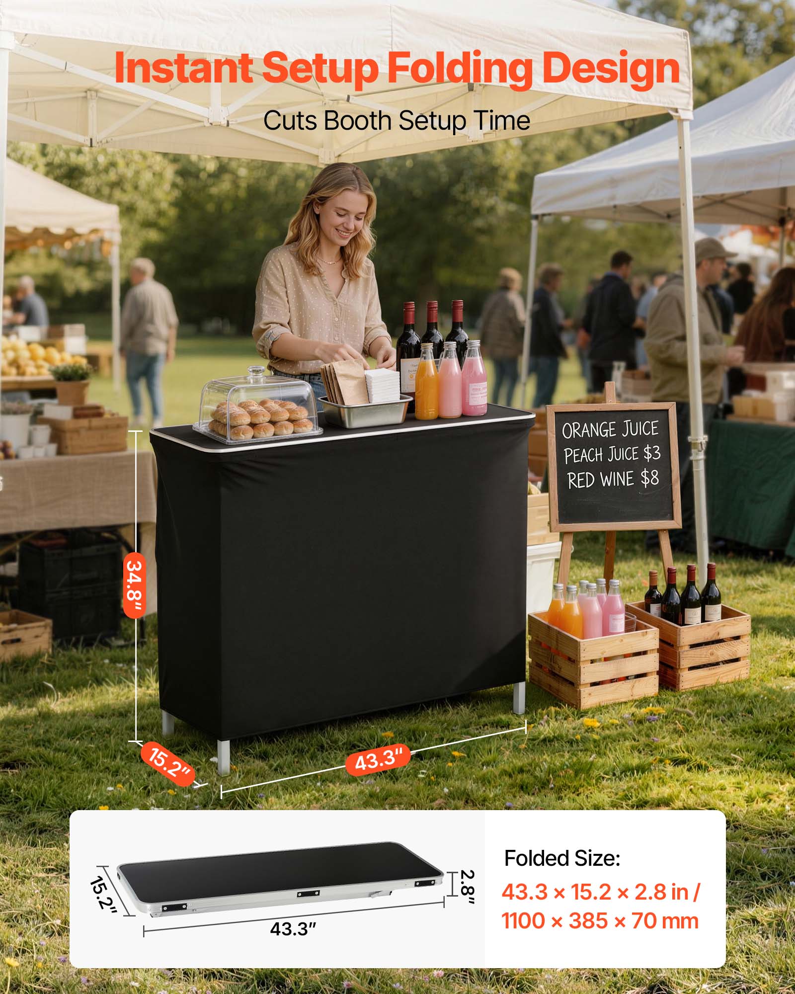 VEVOR Folding Portable Bar Table, 43.3 x 15.2 x 34.8 in, with Carry Bag ...