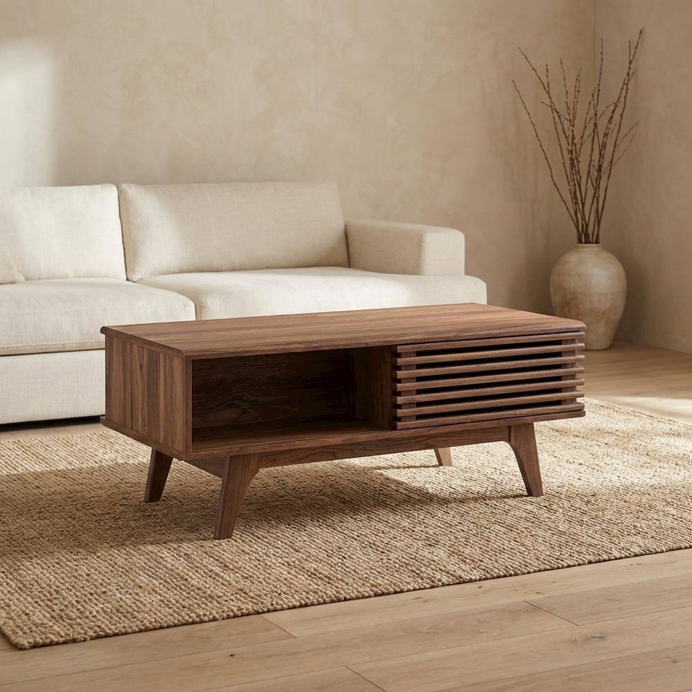 Left. FurniFact - Modern Coffee Table in Natural Finish with Stable Wood Frame - Brown.