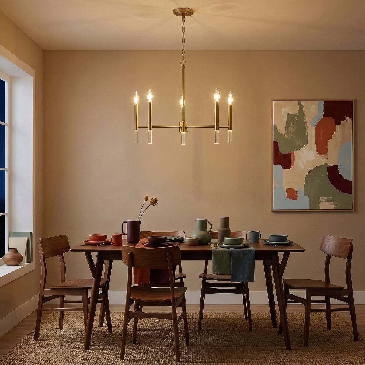 Front. Loheer - Loheer Five Light Golden Brass Chandelier, 24 Inch Wide Candle Style Ceiling Light.