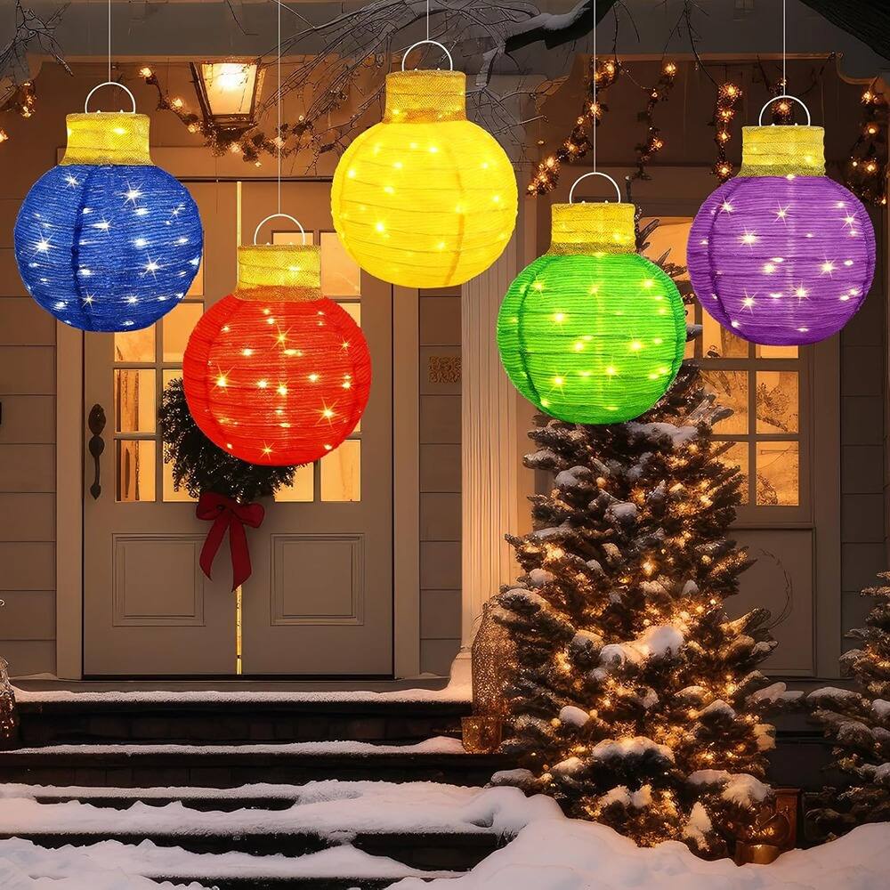 Back. RTMB - 5-Pack 12" Lighted Christmas Ornament Balls, LED, Foldable, Colored Décor - Colored.
