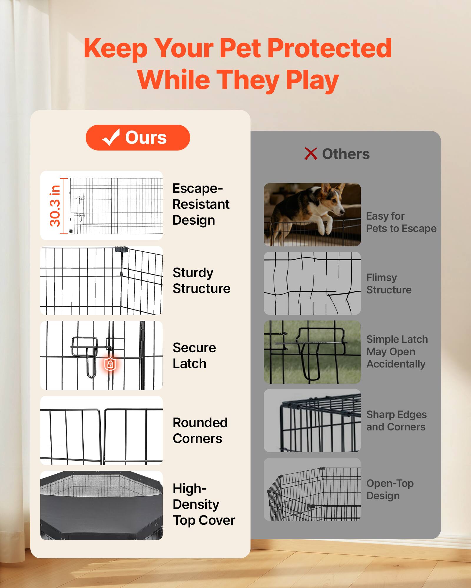 Keep Your Pet Protected While They Play

Ours
- Escape-Resistant Design
- Sturdy Structure
- Secure Latch
- Rounded Corners
- High-Density Top Cover

Others
- Easy for Pets to Escape
- Flimsy Structure
- Simple Latch May Open Accidentally
- Sharp Edges and Corners
- Open-Top Design