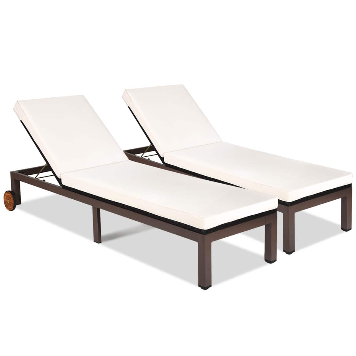 Front. Costway - 2PC Patio Rattan Lounge Chair Chaise Recliner Back Adjustable Cushioned W/Wheels - White.