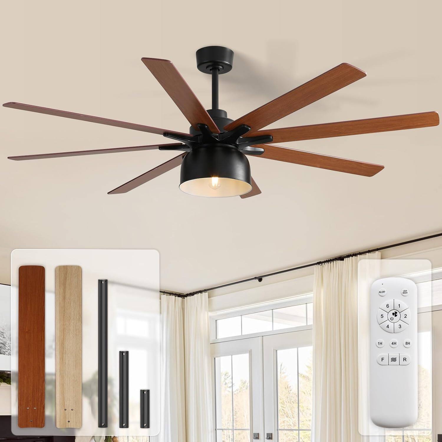 Sofucor - 66'' Farmhouse Ceiling Fan with Light and Remote Reversible DC Dual Finish 8 Blade Wood Caged Ceiling Fan Indoor/Outdoor - Black-Dual Finish Blades