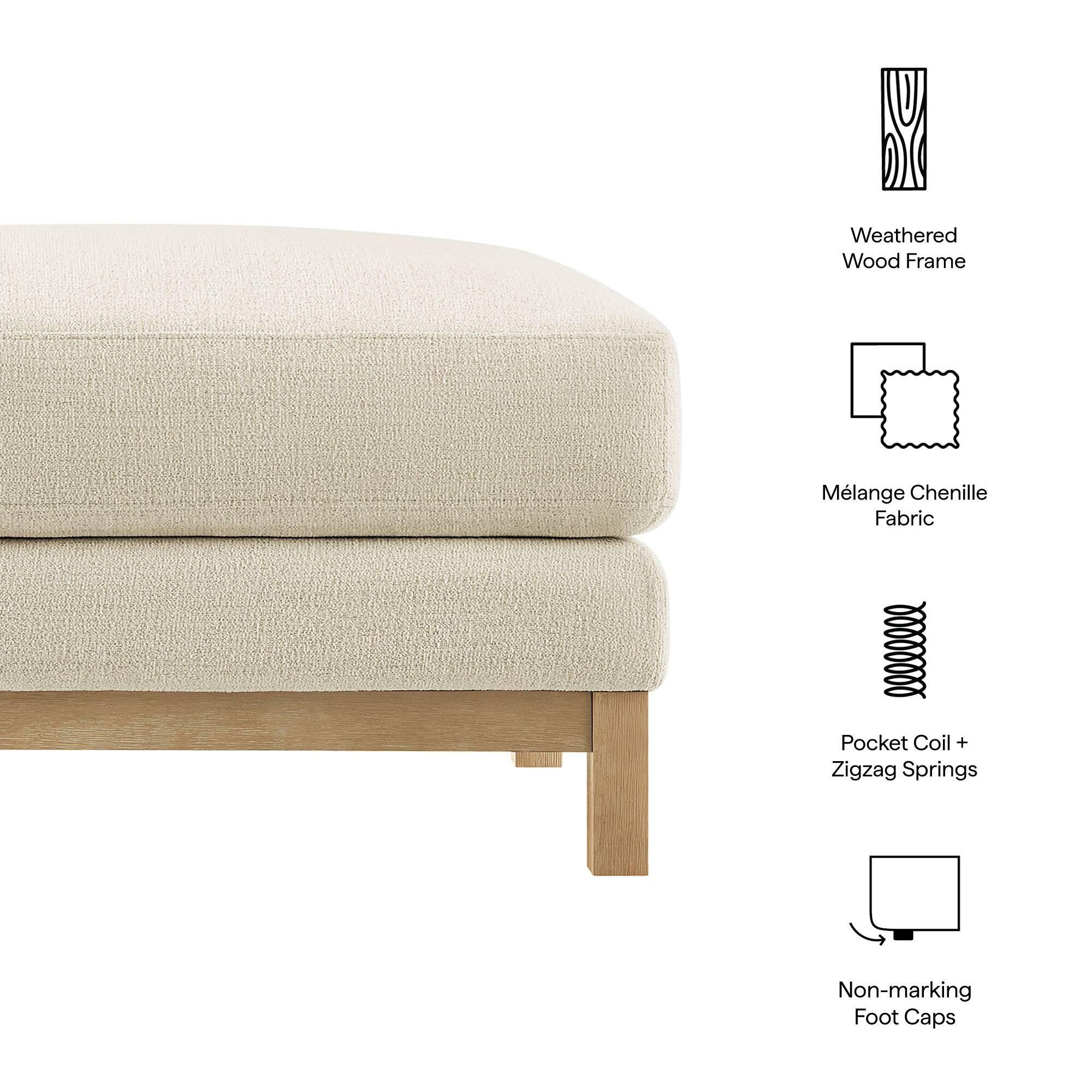 - Weathered Wood Frame
- Mélange Chenille Fabric
- Pocket Coil + Zigzag Springs
- Non-marking Foot Caps