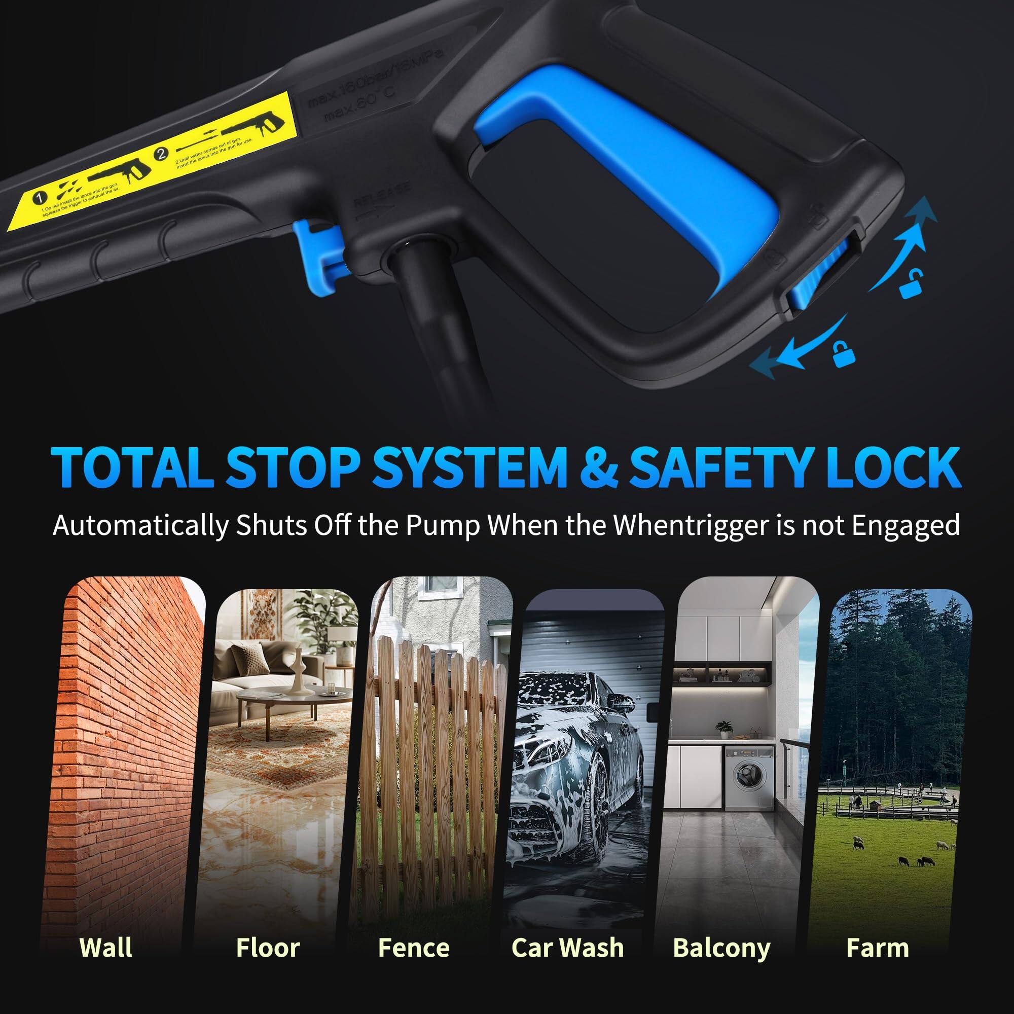 TOTAL STOP SYSTEM & SAFETY LOCK Automatically Shuts Off the Pump When the Whentrigger is not Engaged Wall Floor Fence Car Wash Balcony Farm