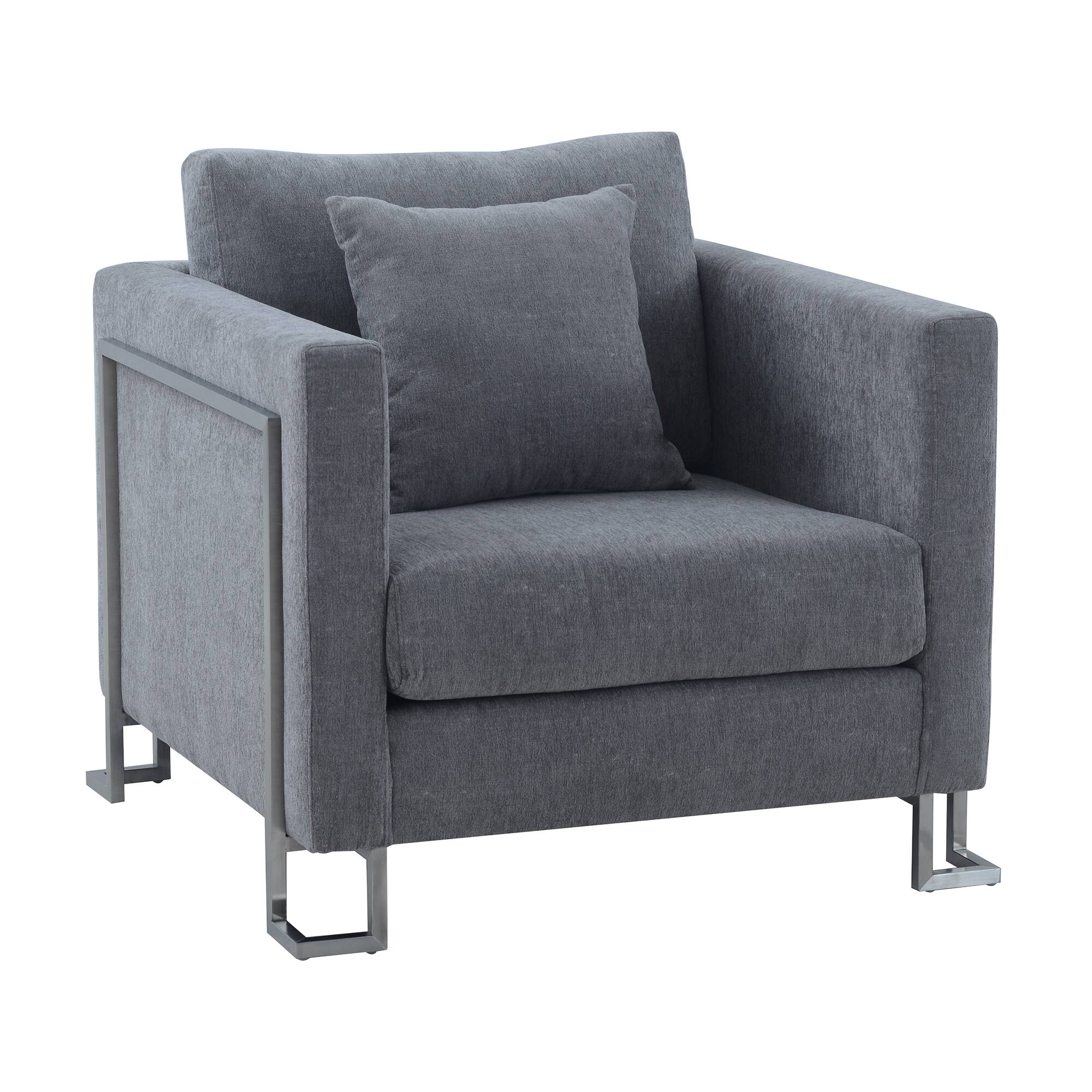 Front. Armen Living - Heritage Gray Fabric Upholstered Accent Chair with Brushed Stainless Steel Legs - Gray.