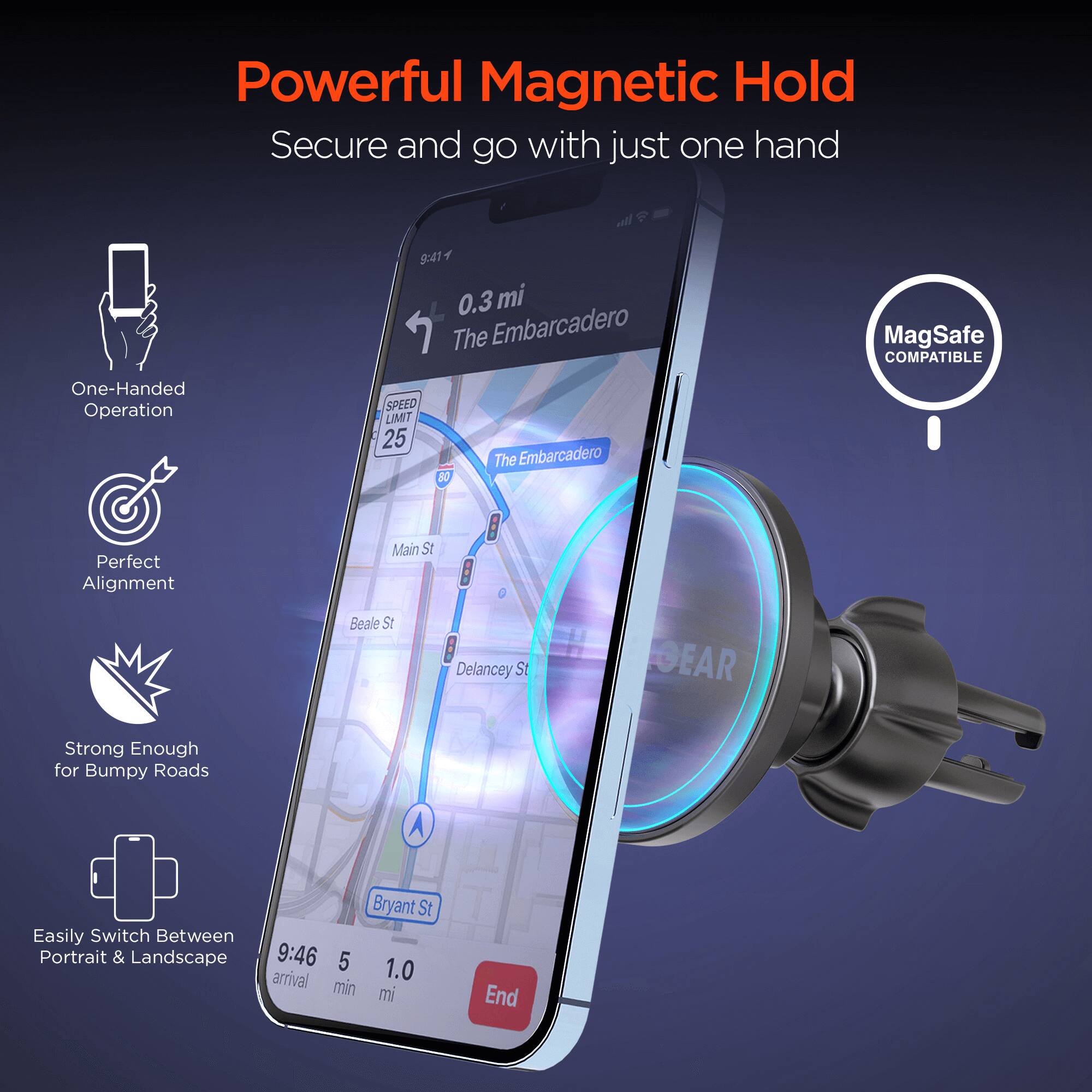 Powerful Magnetic Hold  
Secure and go with just one hand  

One-Handed Operation  
Perfect Alignment  
Strong Enough for Bumpy Roads  
Easily Switch Between Portrait & Landscape  

MagSafe COMPATIBLE  

The Embarcadero  
SPEED LIMIT 25  
Main St  
Beale St  
Delancey St  
Bryant St  

9:41  
0.3 mi  

9:46  
5 arrival  
1.0 min mi  

End