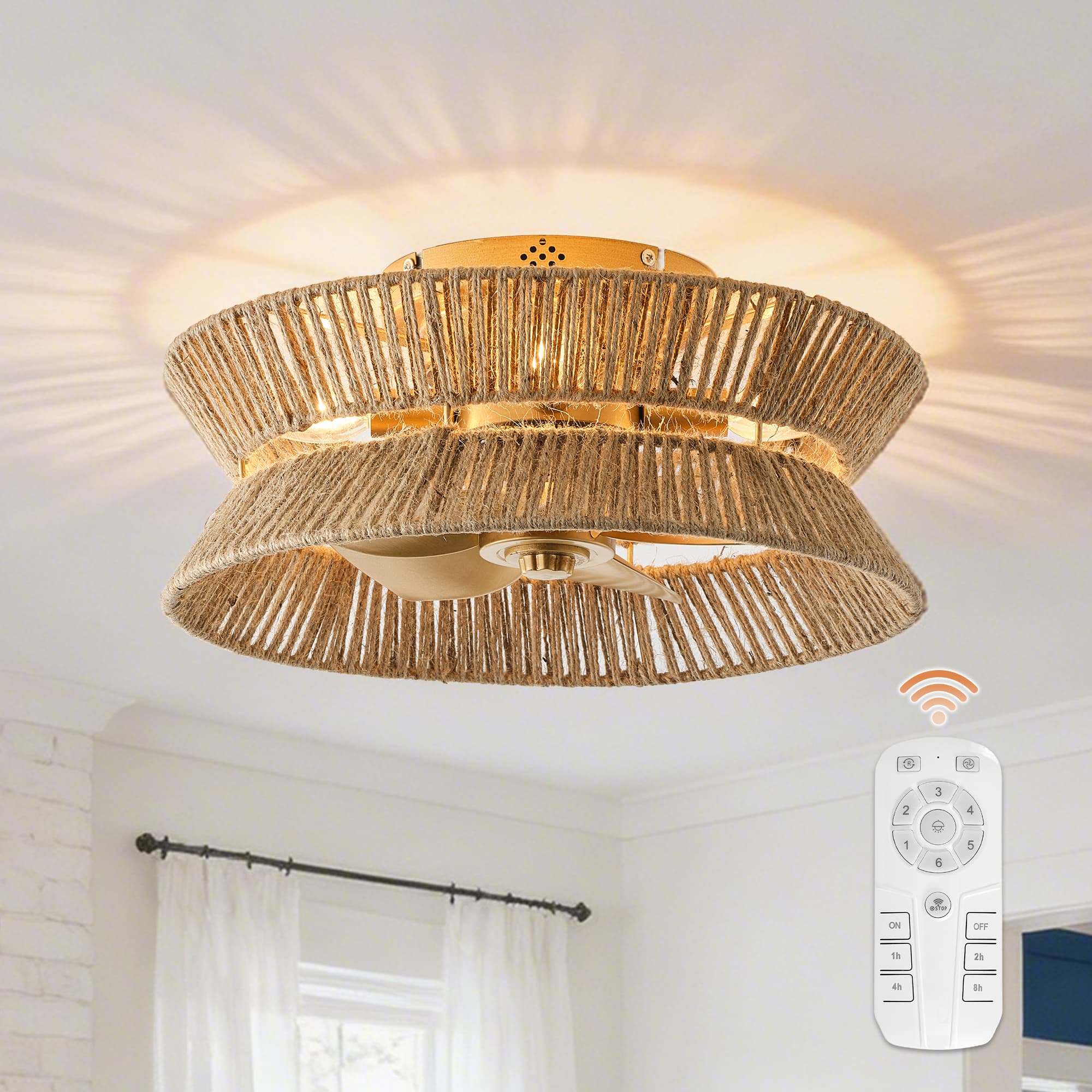 Photos - Fan Bohemia Vaczon - 18"  Woven Hemp Rope Low-Profile Flush Mount Ceiling  Fadenlier with Remote for Bedroom and Living Room  