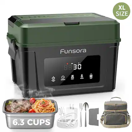 LUNCH XL SIZE
Funsora
- UN B: 88 ON/OFF
- HEAT WARM
- LOCK
- 10 1 6.3 CUPS