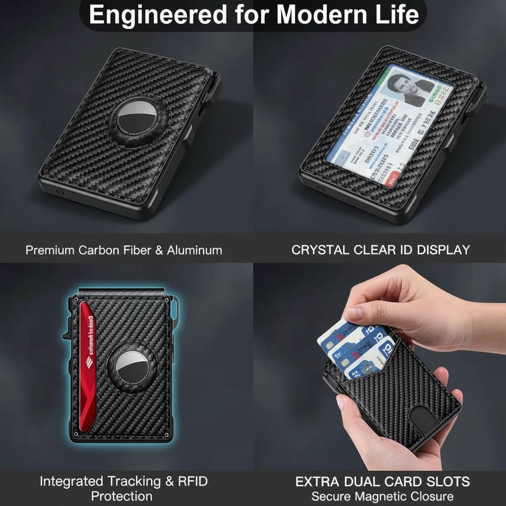 Engineered for Modern Life

Premium Carbon Fiber & Aluminum

CRYSTAL CLEAR ID DISPLAY

Integrated Tracking & RFID Protection

EXTRA DUAL CARD SLOTS

Secure Magnetic Closure