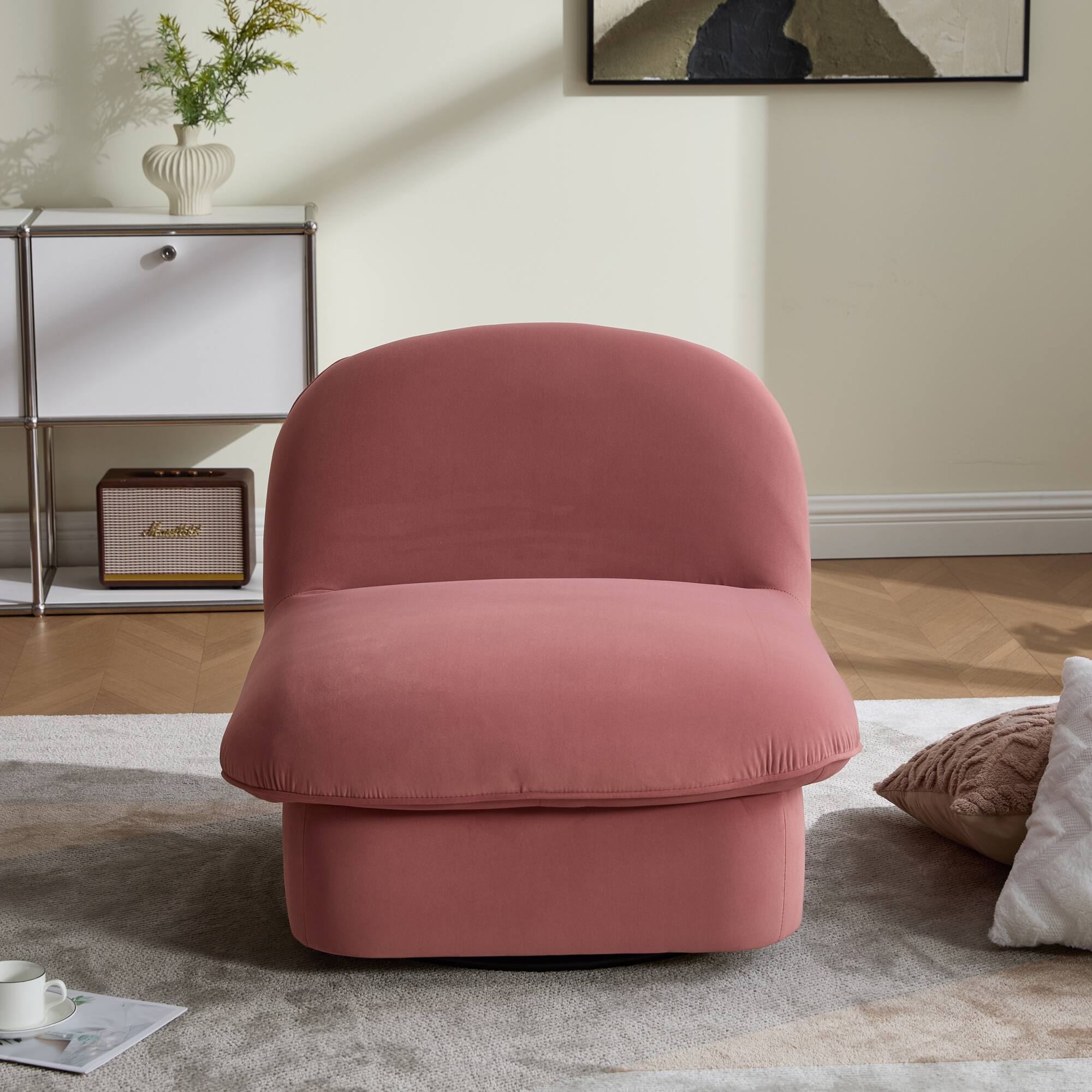 Left. GOODSILO - Pumpkin-Shaped Velvet Swivel Accent Chair with 360-Degree Rotation for Living Room, Bedroom, or Office - Coral.