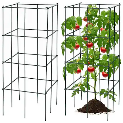 Front. Mondawe - 4 Pack Folding Garden Trellis for Climbing Plants, Metal Plant Support for Tomatoes Beans - Dark Green.