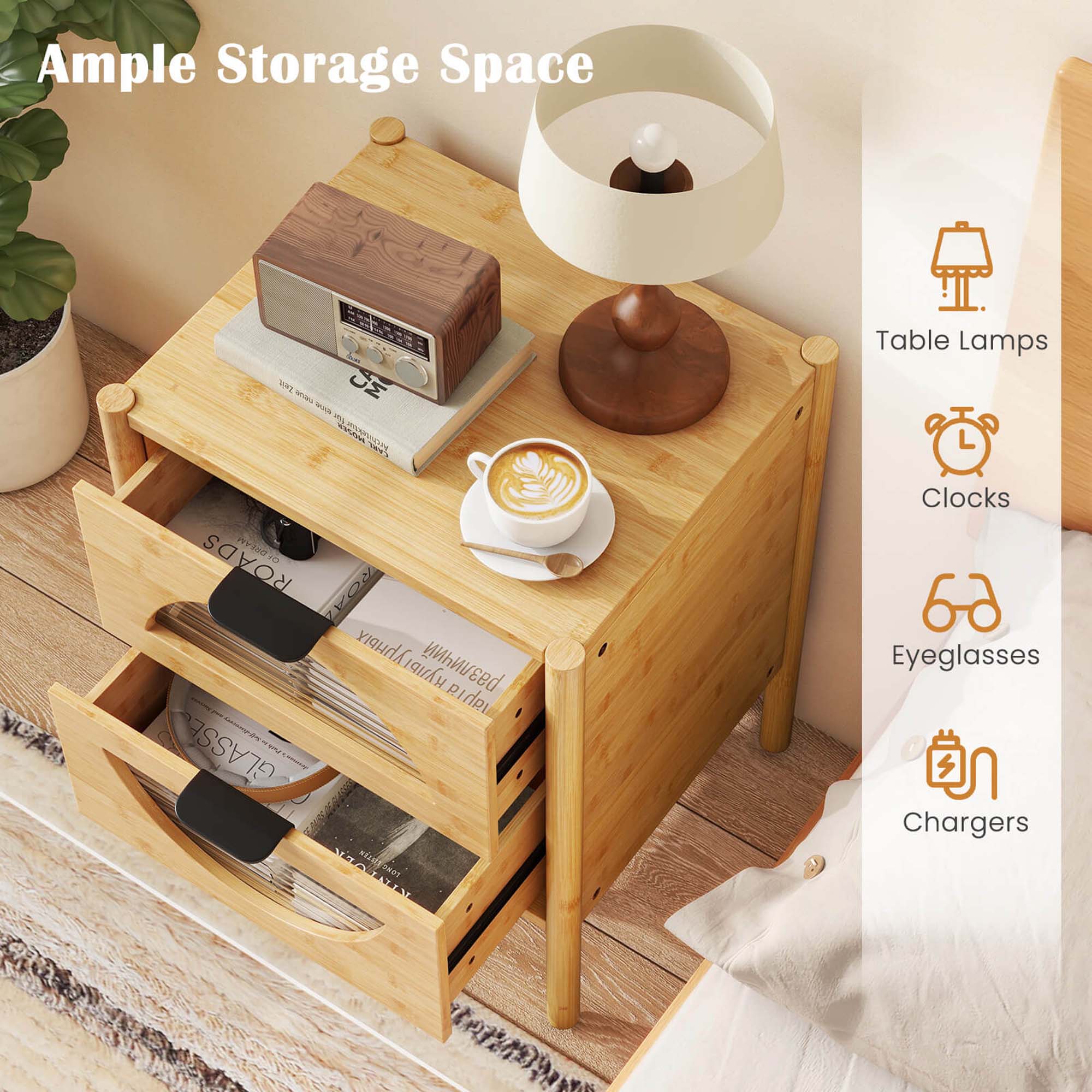 Ample Storage Space ad TRL oe M - ma Tons 1A Table Lamps ROADS DS Padao pi GLASSE - VIOTIY TEmERL T Clocks Eyeglasses Chargers