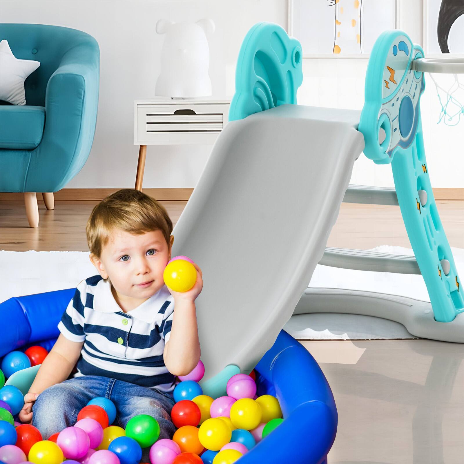 Alt View 7. Costway - Costway 3-in-1 Kids Indoor Slide with Basketball Hoop & Basketball, Safe Buffer Zone - Blue.