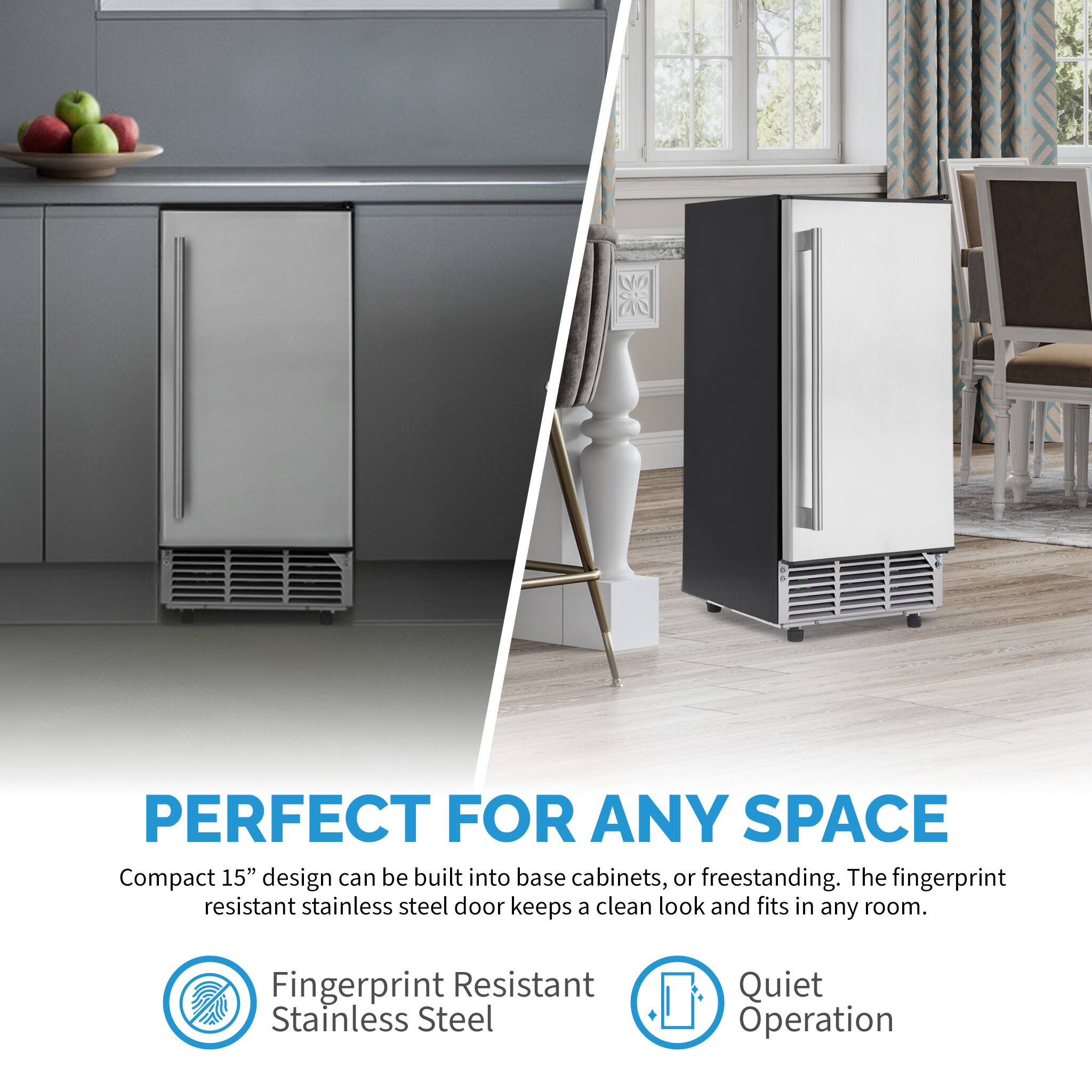 The image features a compact 15" design refrigerator that can be built into base cabinets or used as a freestanding unit. The fingerprint resistant stainless steel door adds a clean and elegant touch to any room. The refrigerator is quiet in operation, making it an ideal choice for any space.