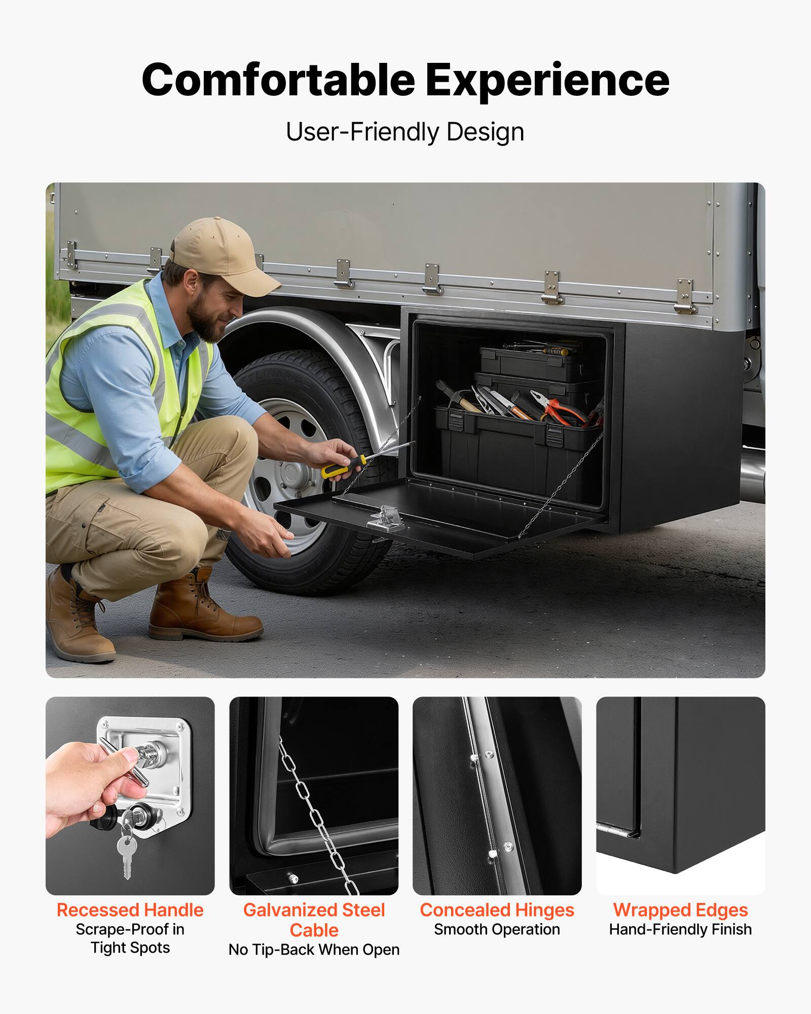 Comfortable Experience  
User-Friendly Design

- Recessed Handle  
  Scrape-Proof in Tight Spots

- Galvanized Steel Cable  
  No Tip-Back When Open

- Concealed Hinges  
  Smooth Operation

- Wrapped Edges  
  Hand-Friendly Finish