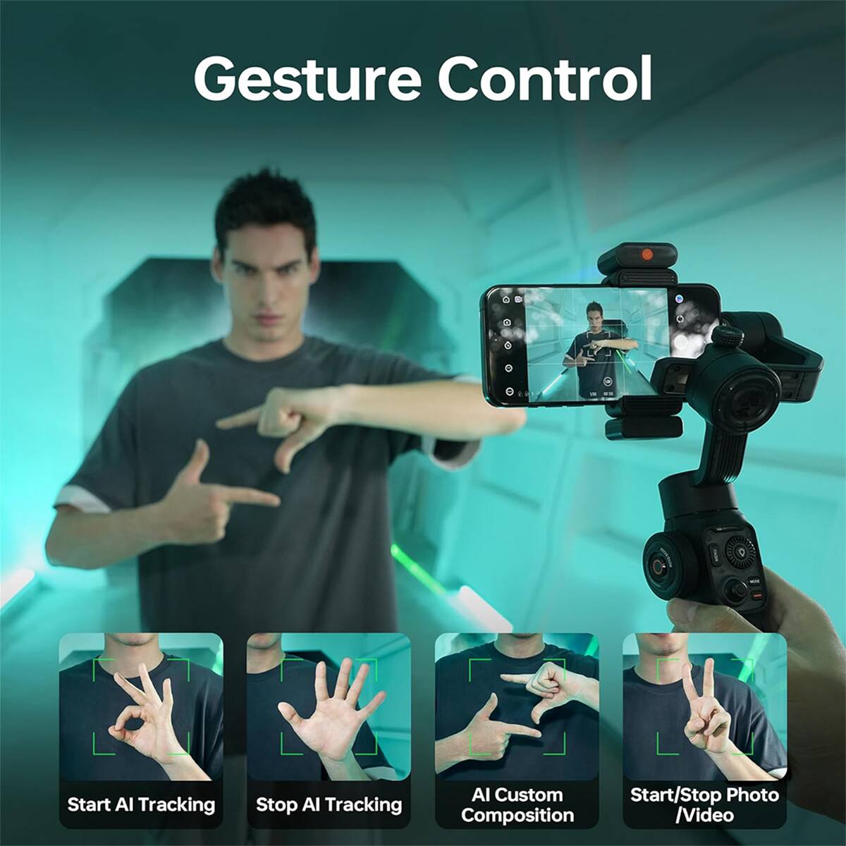 Gesture Control

- Start AI Tracking
- Stop AI Tracking
- AI Custom Composition
- Start/Stop Photo/Video